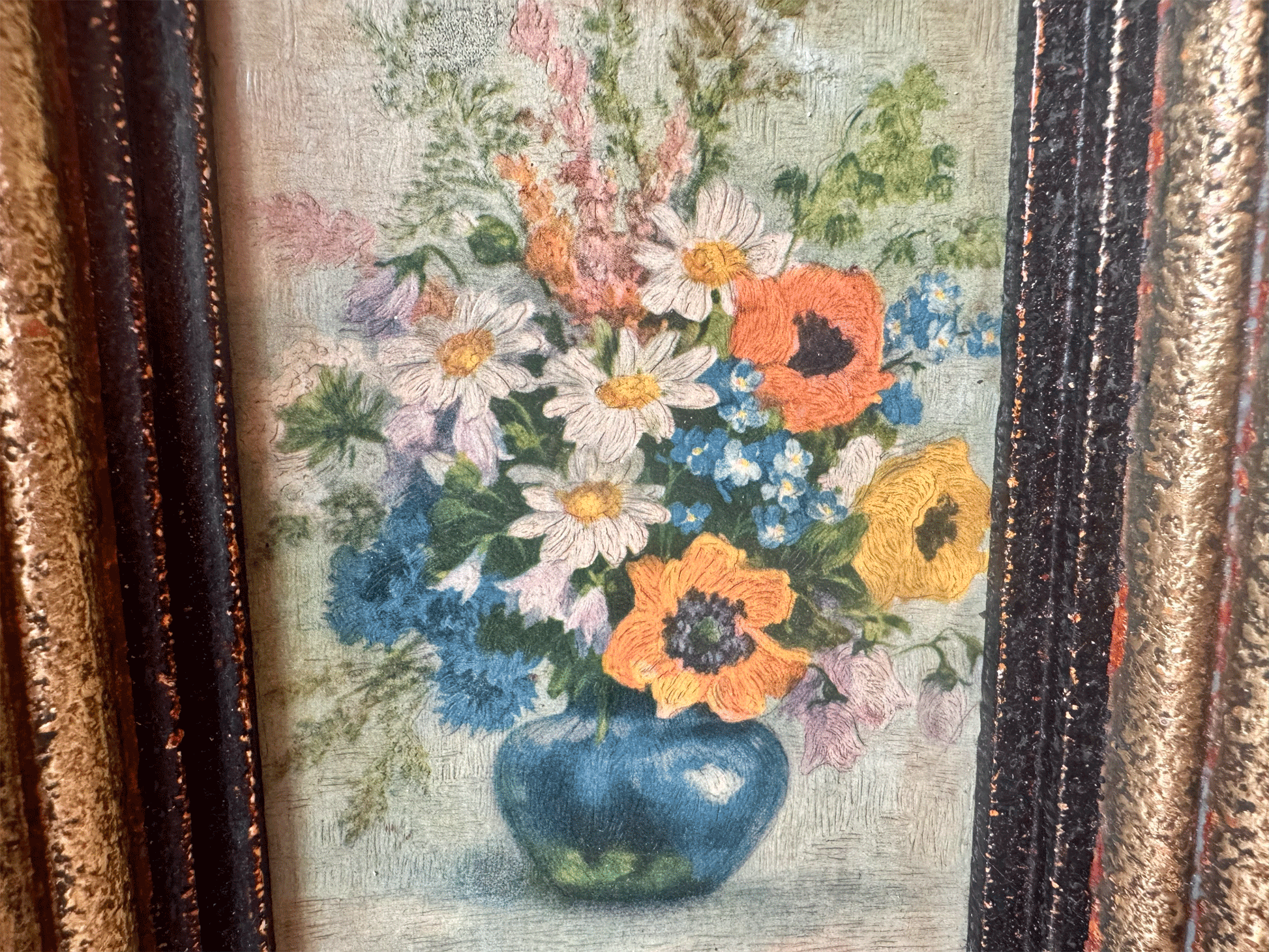 antique french small framed oil painting board floral composition still life blue vase