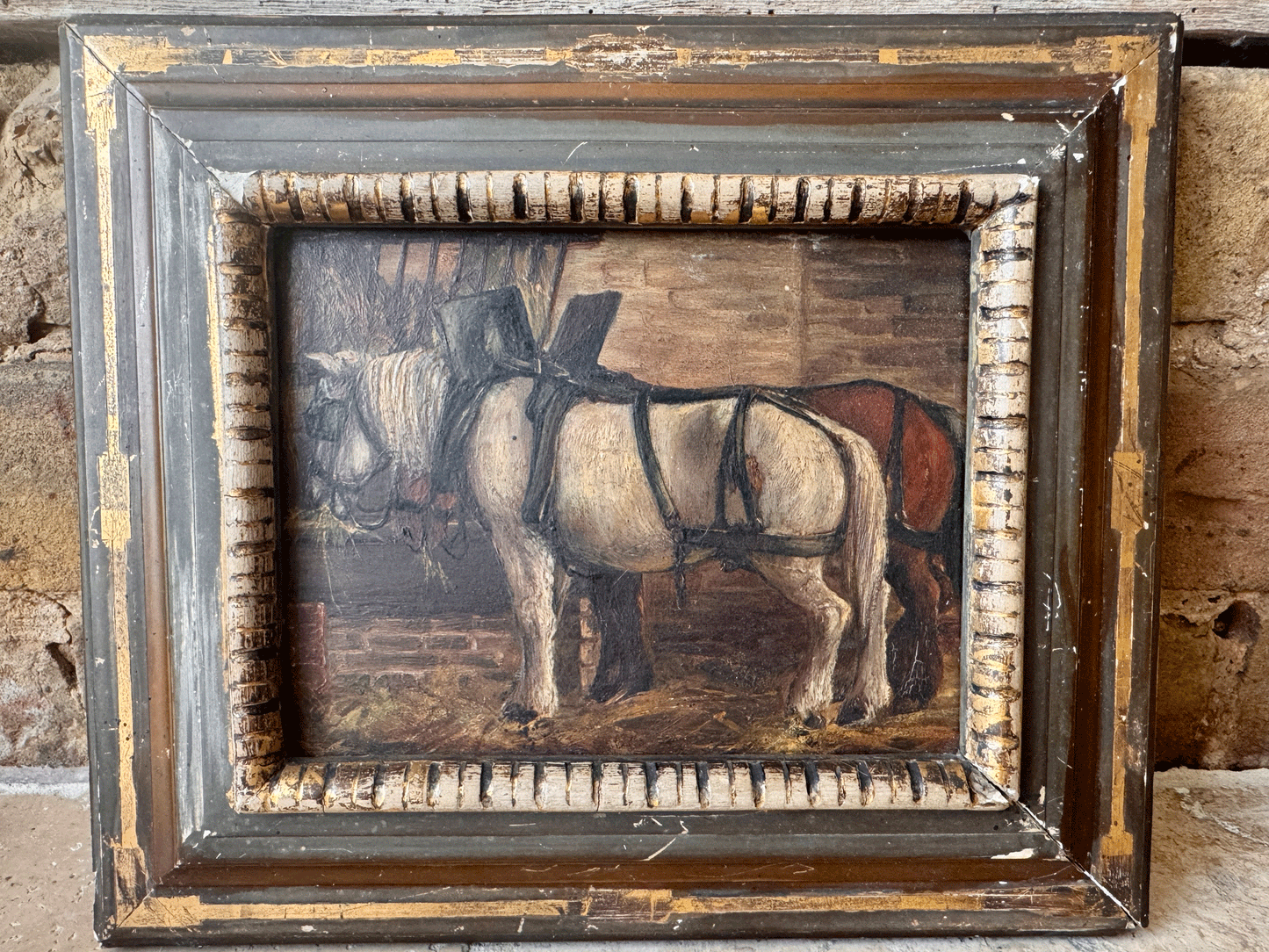 antique french framed pol painting horses stable barn