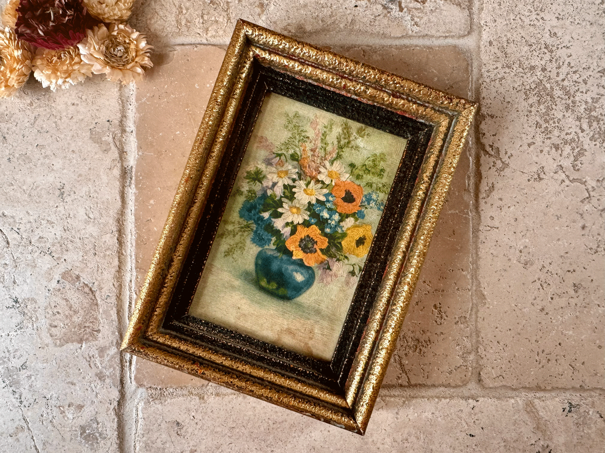 antique french small framed oil painting board floral composition still life blue vase