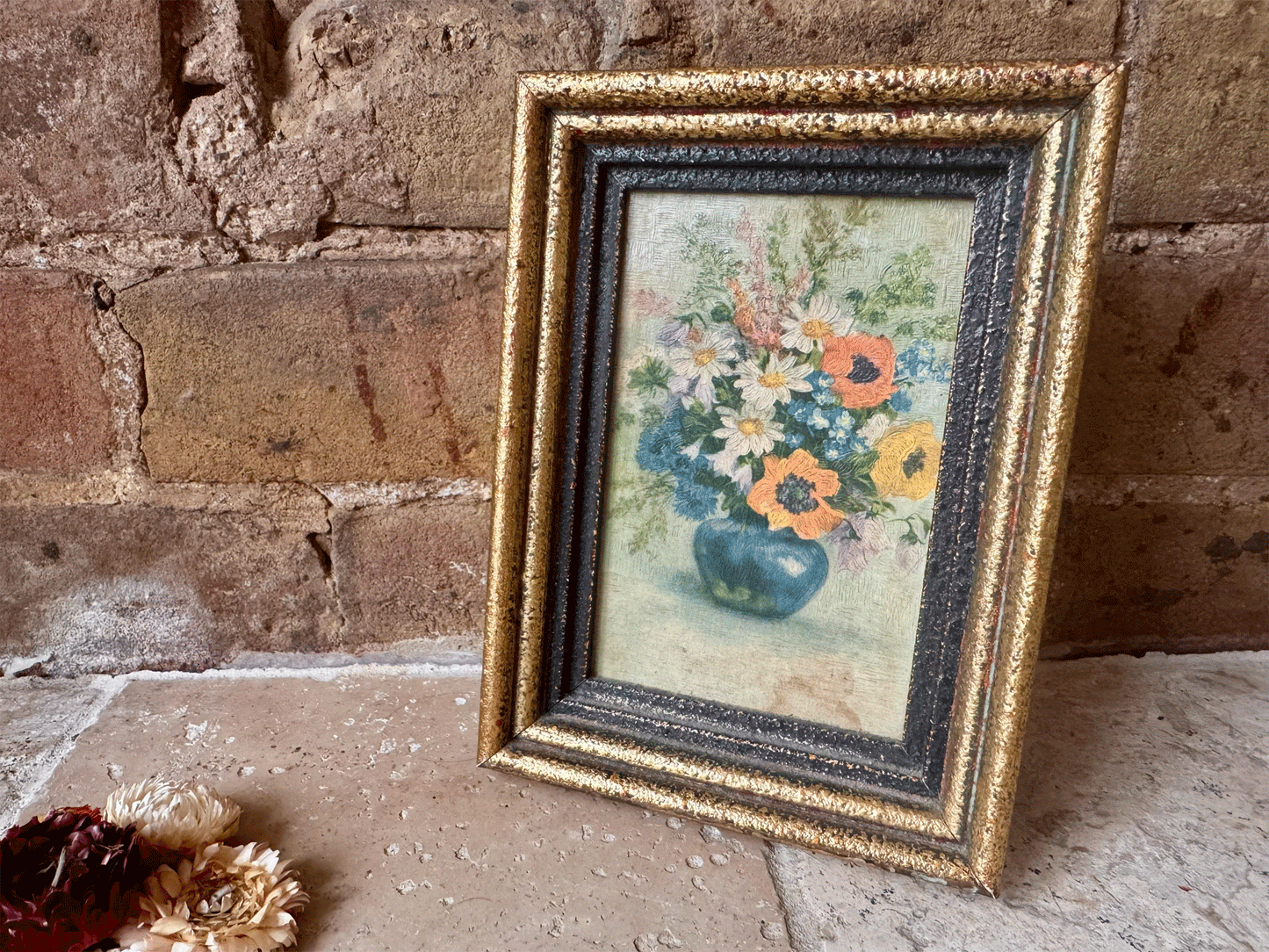antique french small framed oil painting board floral composition still life blue vase