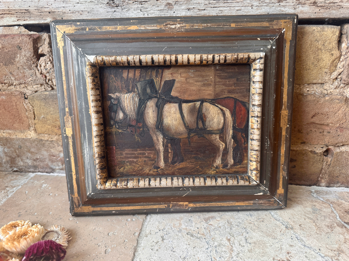 antique french framed pol painting horses stable barn