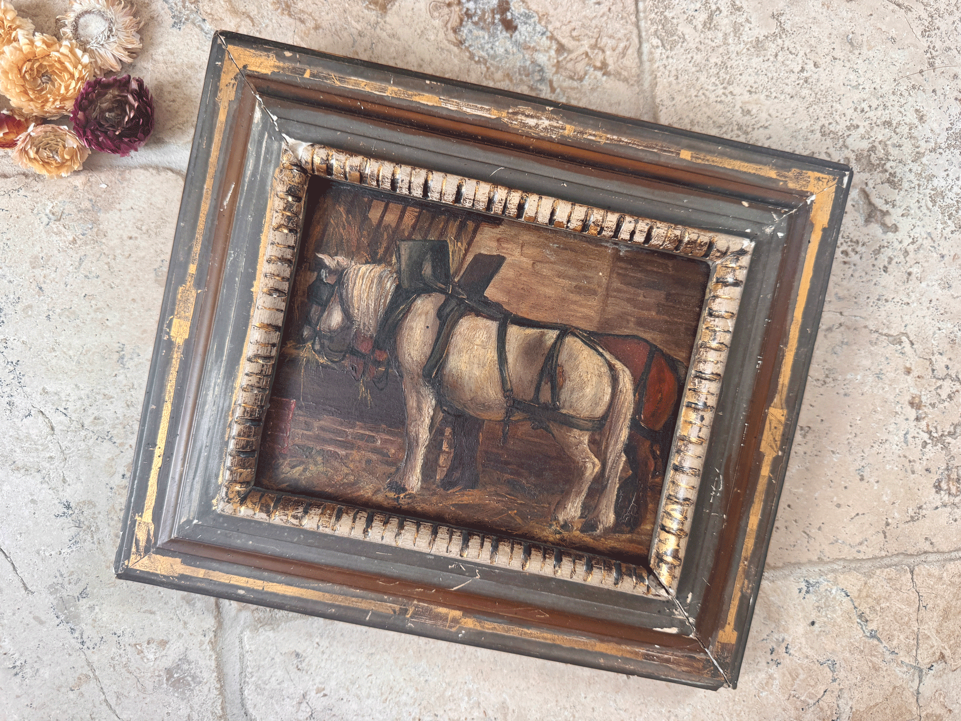 antique french framed pol painting horses stable barn