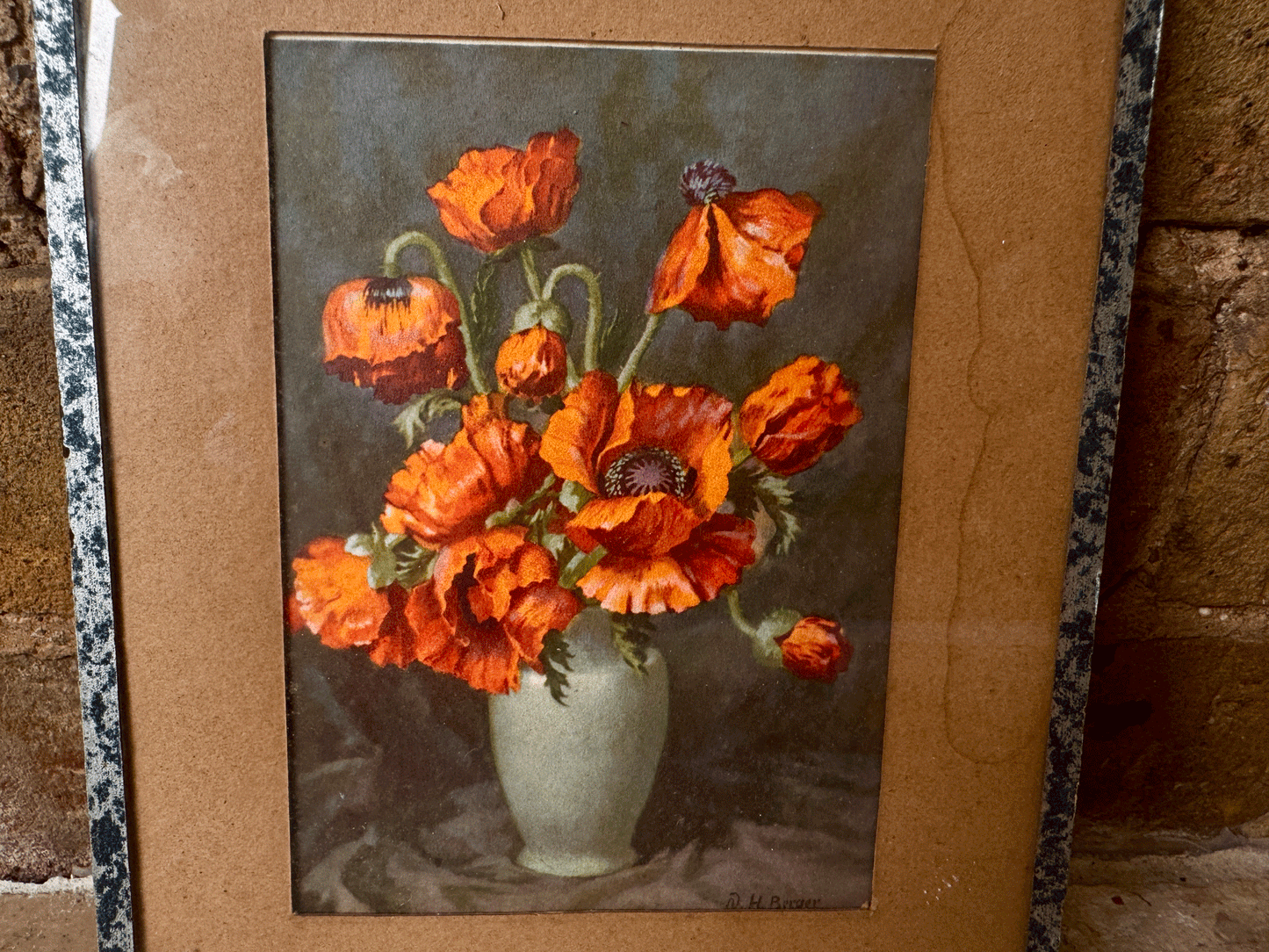 antique framed french postcard orange poppies still life art nh berger