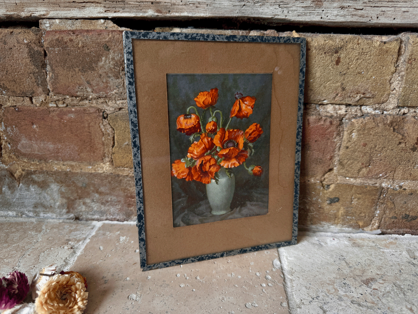 antique framed french postcard orange poppies still life art nh berger