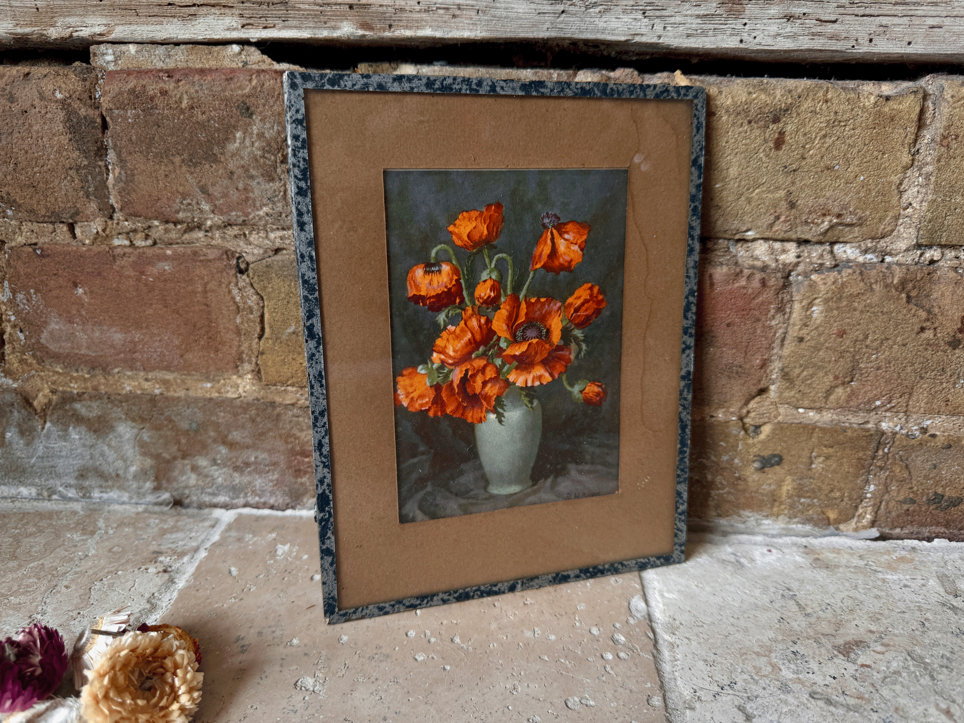 antique framed french postcard orange poppies still life art nh berger