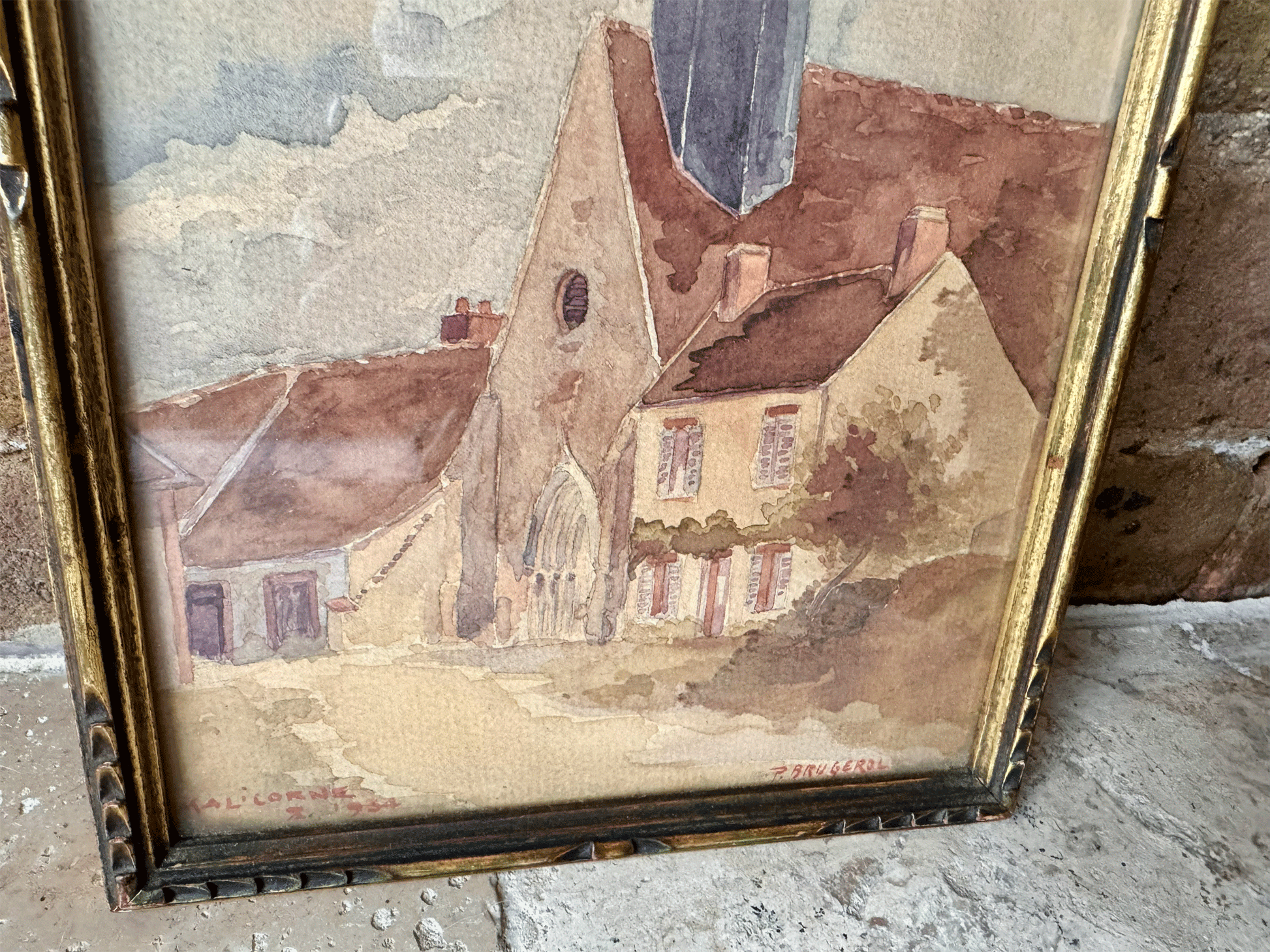antique french signed framed watercolour painting 1934 malicorne loire valley country village scene