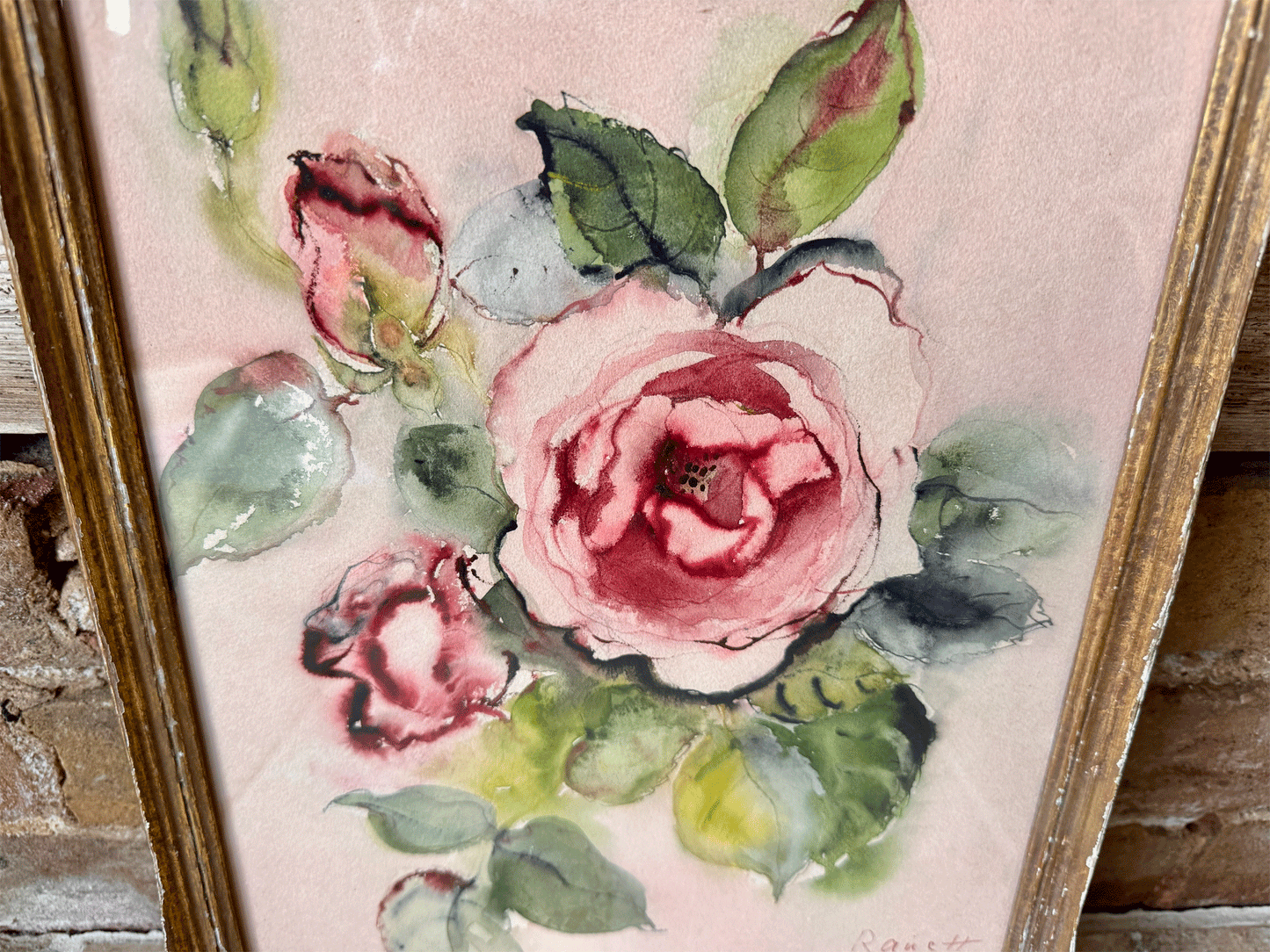 antique vintage french framed signed rauett pink rose watercolour painting artwork