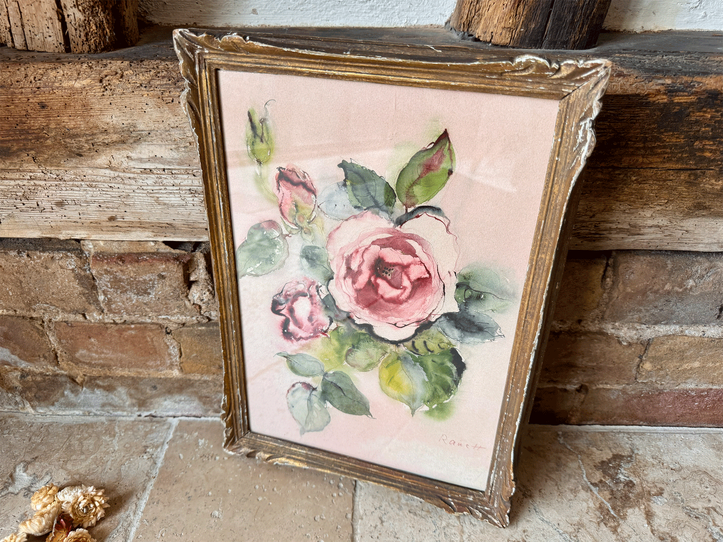 antique vintage french framed signed rauett pink rose watercolour painting artwork