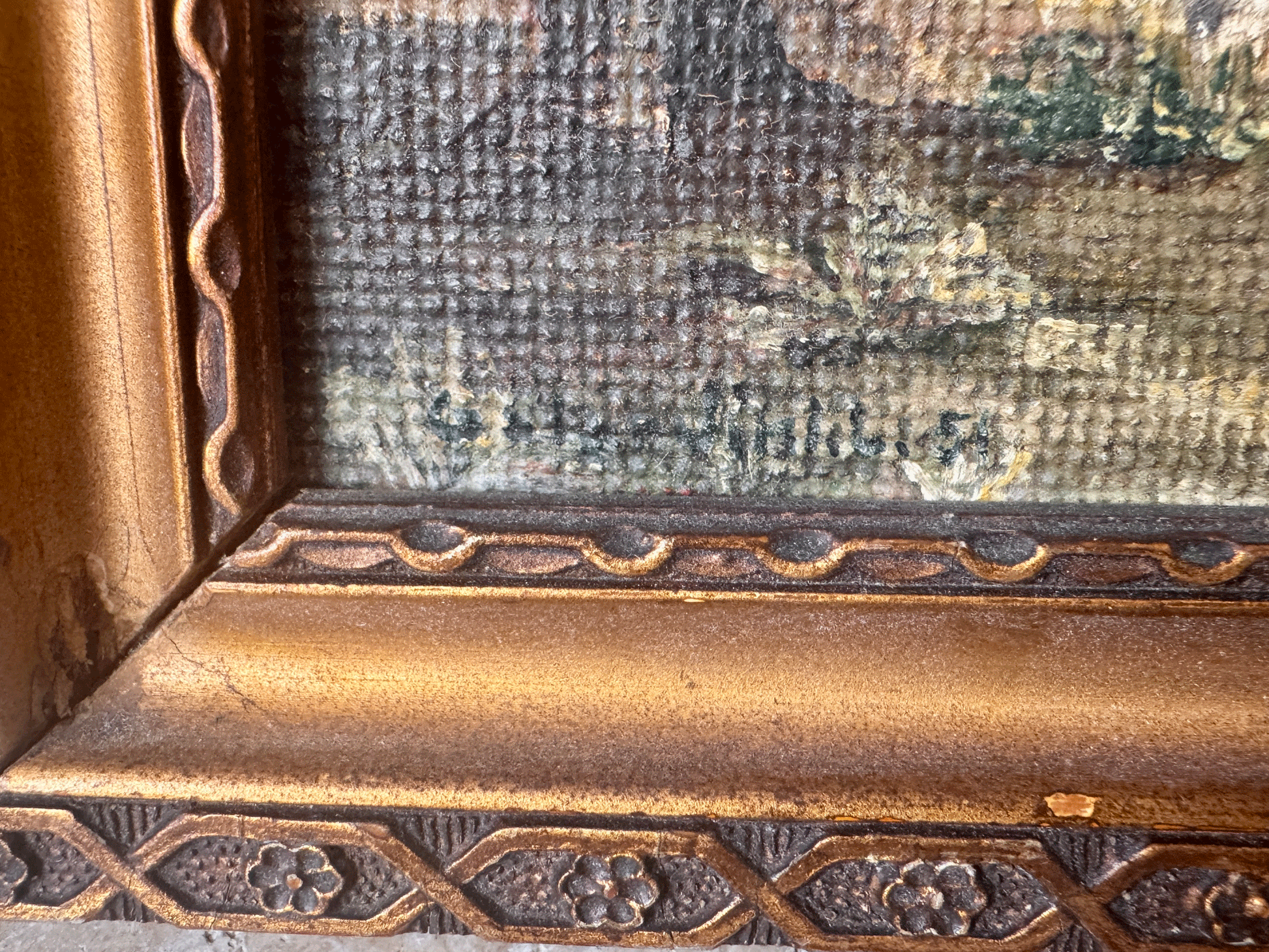 small antique french signed gilt gilded framed oil painting board grazing cow small boy child