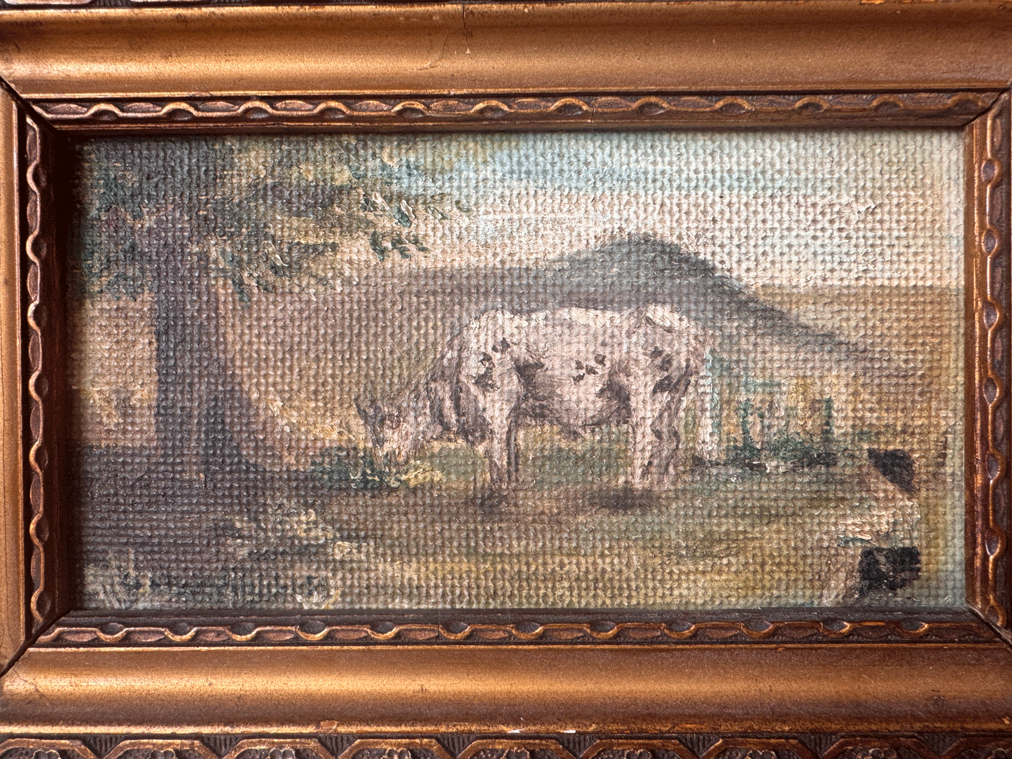 small antique french signed gilt gilded framed oil painting board grazing cow small boy child