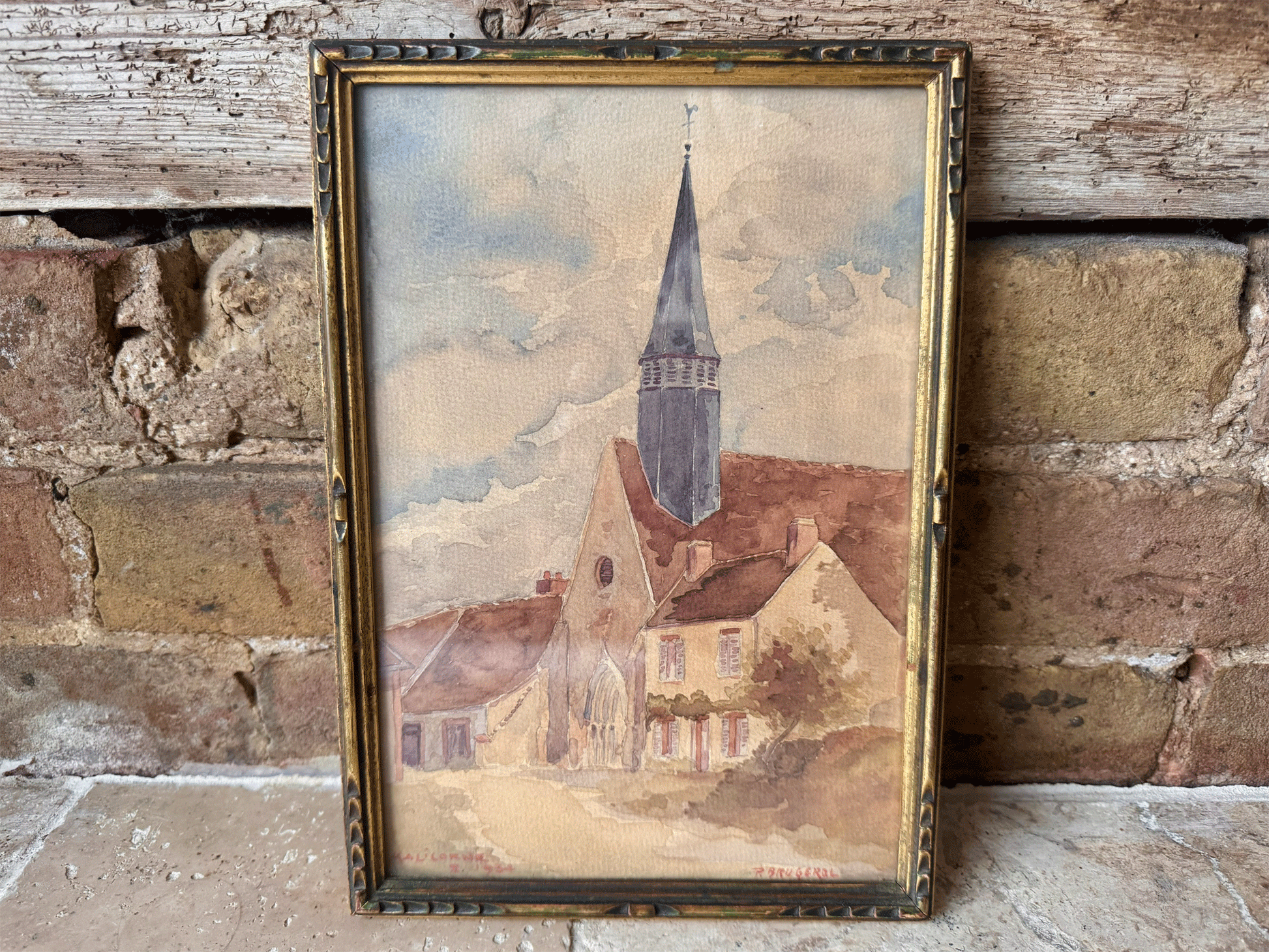antique french signed framed watercolour painting 1934 malicorne loire valley country village scene