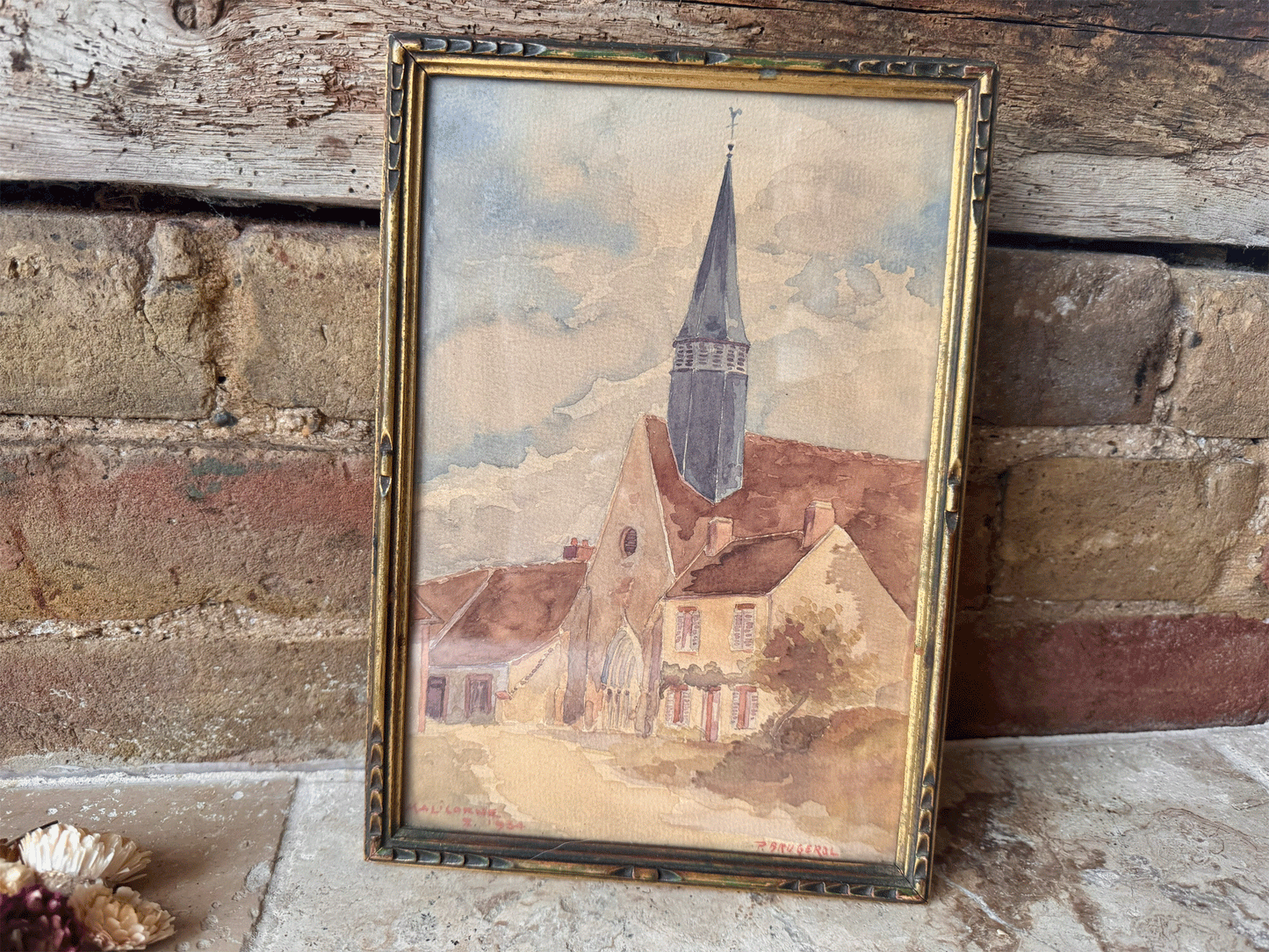 antique french signed framed watercolour painting 1934 malicorne loire valley country village scene