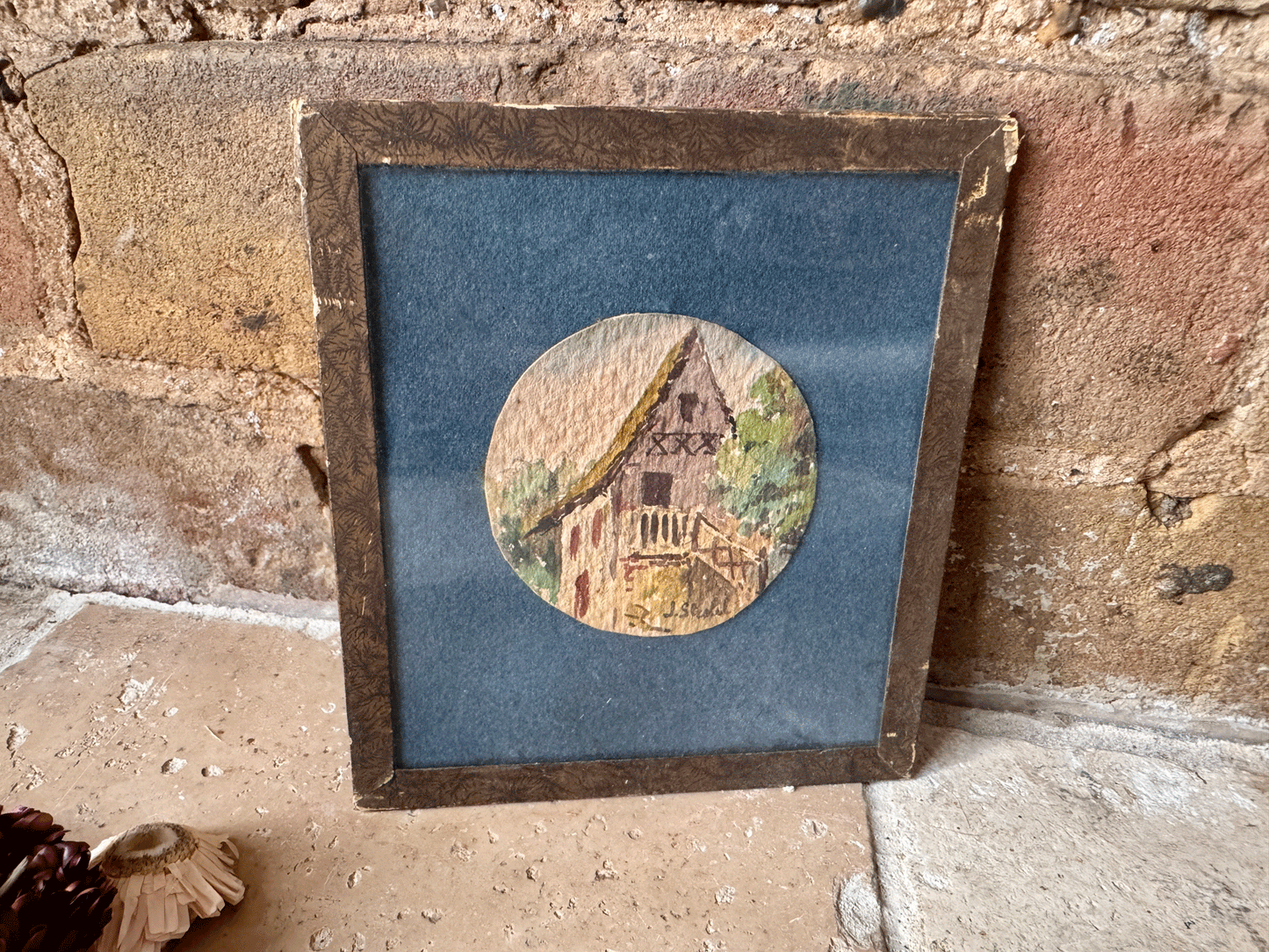 antique french small miniature framed watercolour painting landscape country village scene medieval house