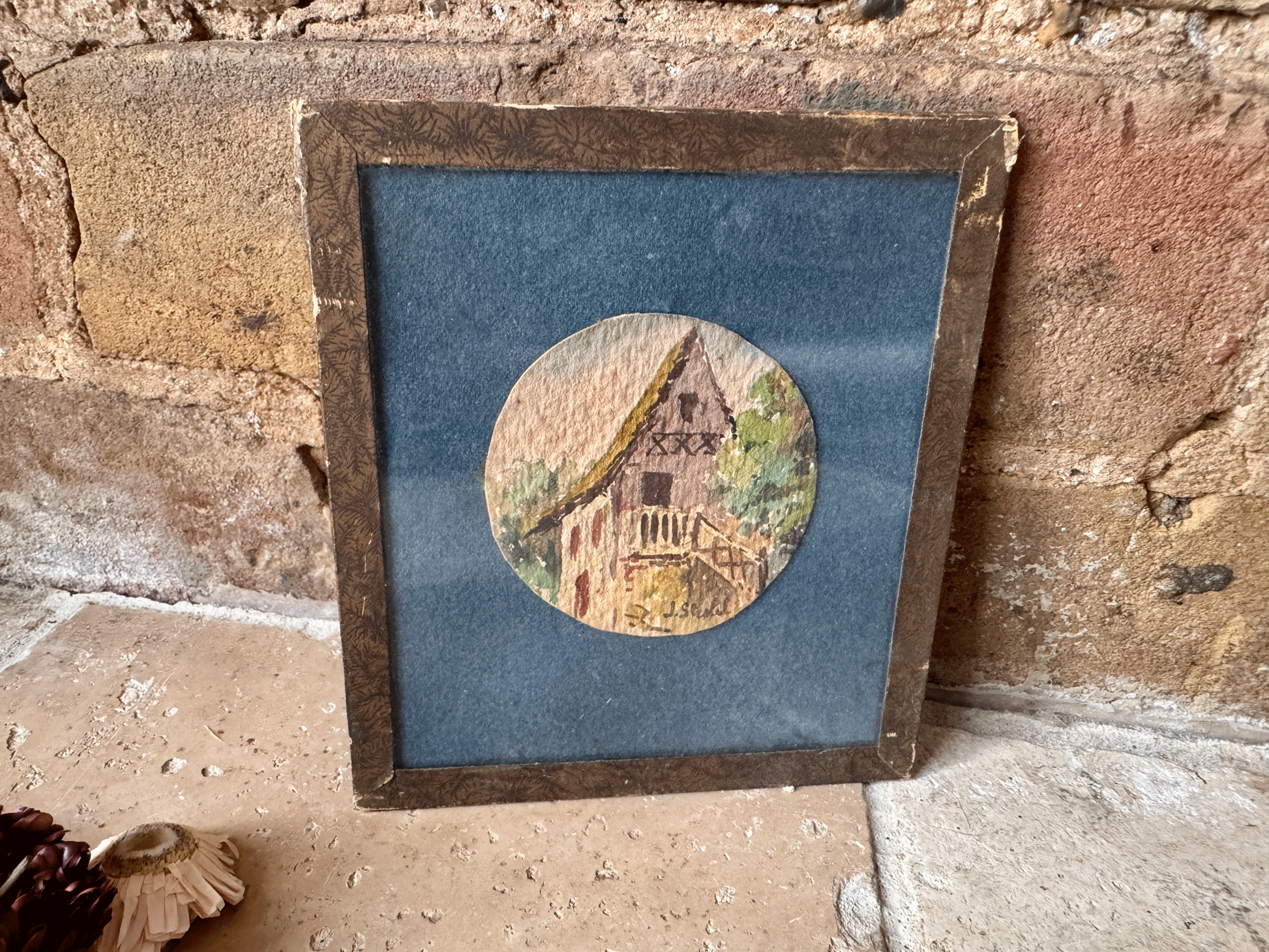 antique french small miniature framed watercolour painting landscape country village scene medieval house
