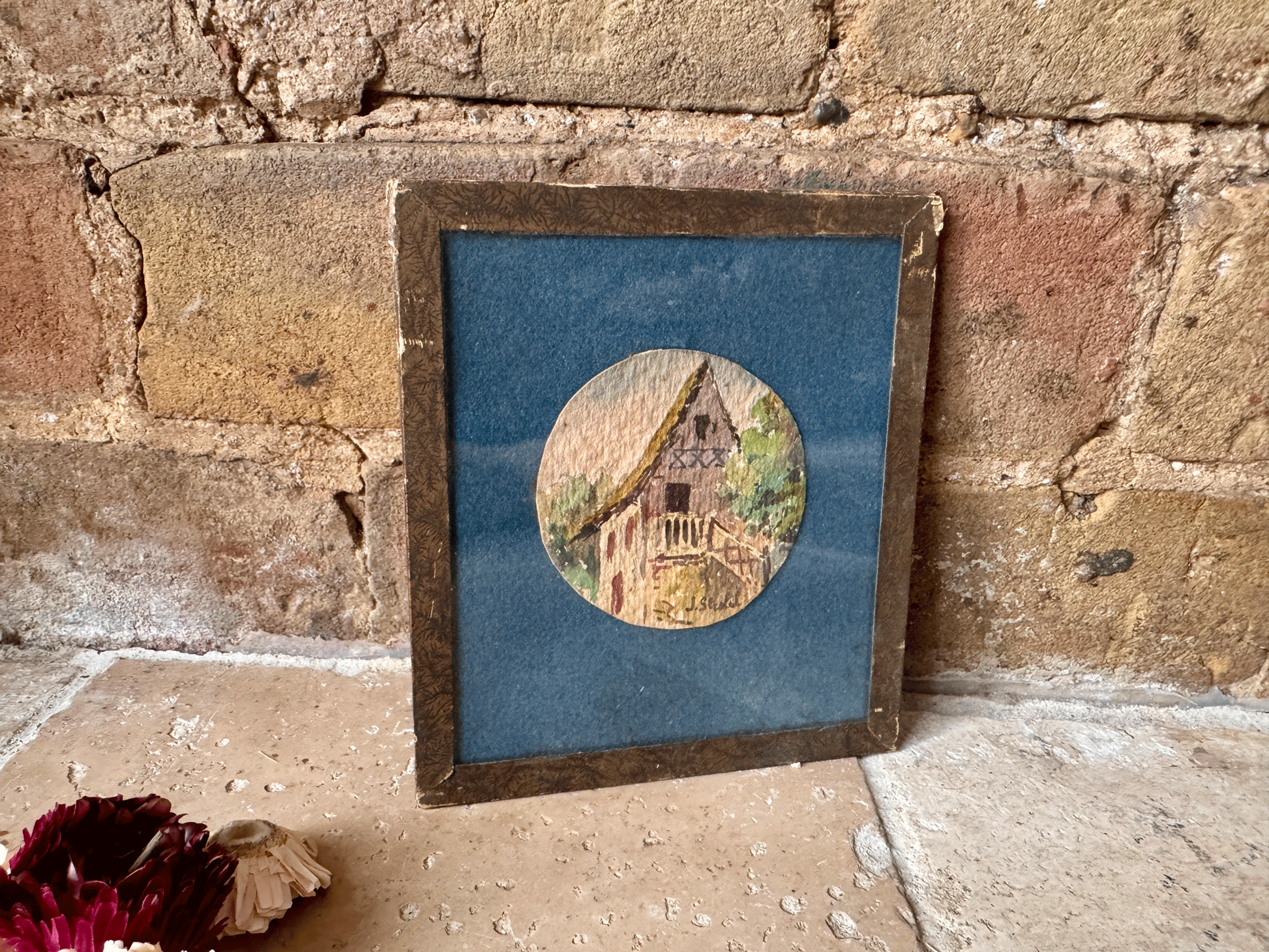antique french small miniature framed watercolour painting landscape country village scene medieval house
