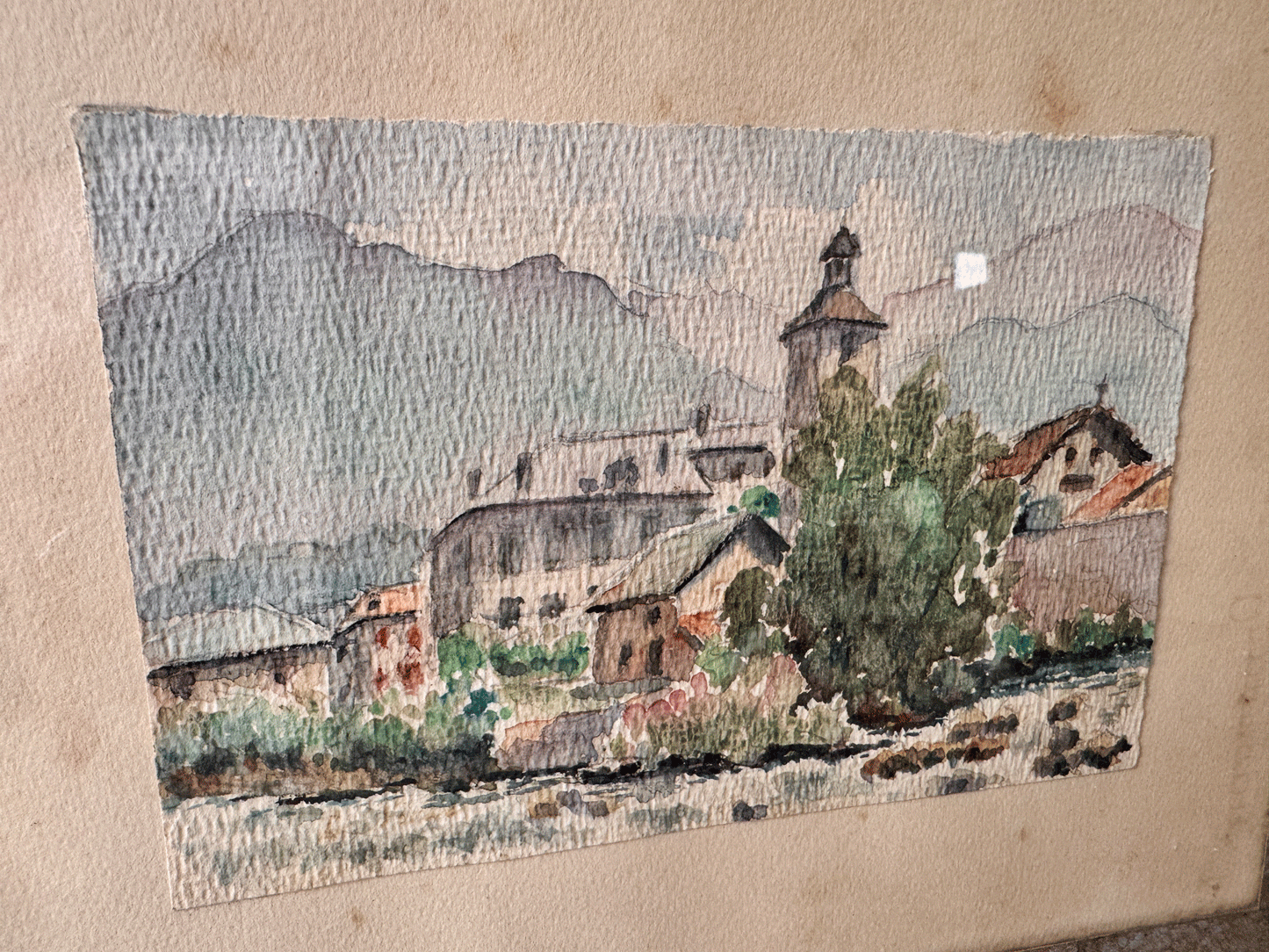 antique french framed watercolour painting country town village church scene mountains hills