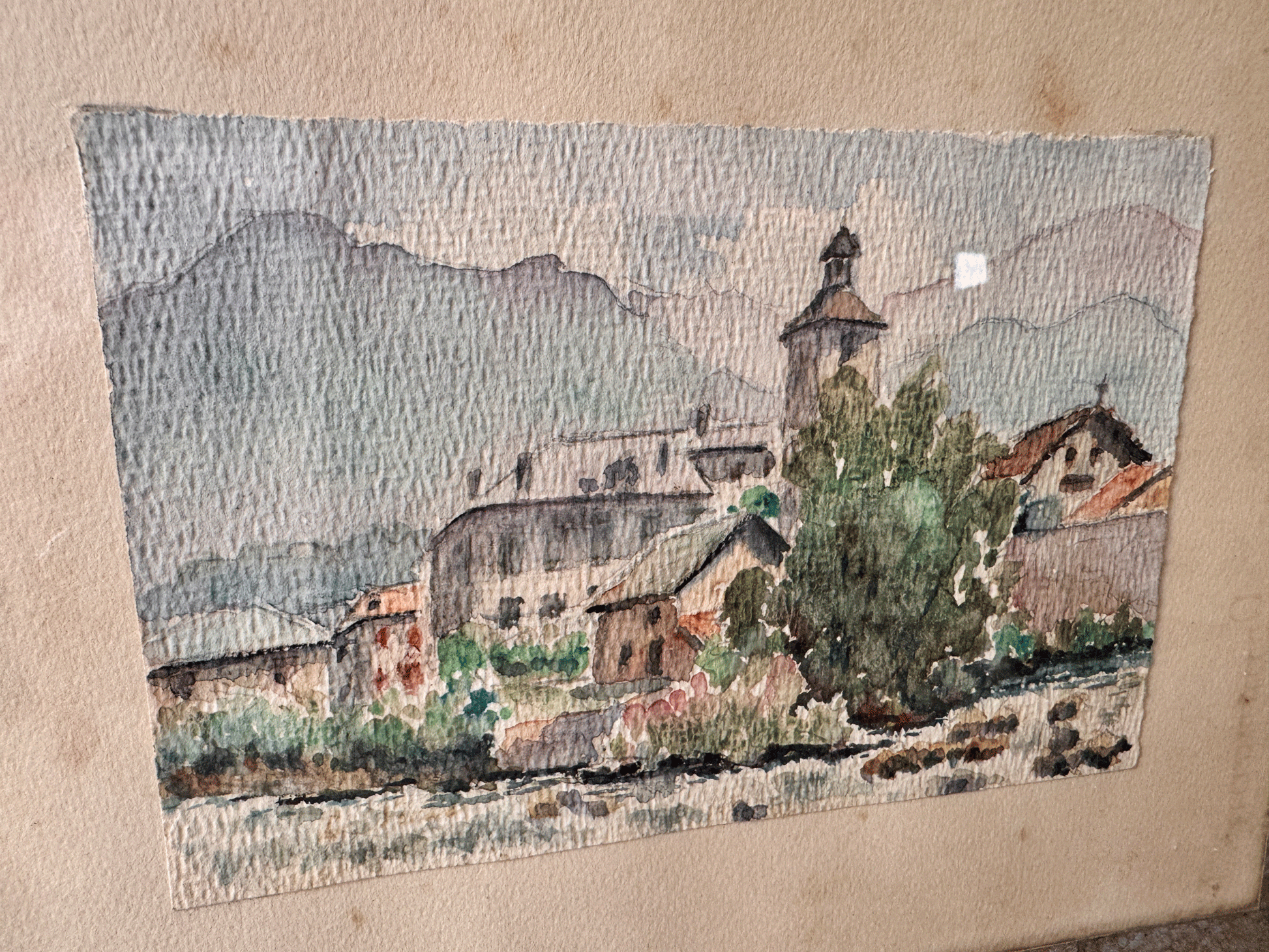 antique french framed watercolour painting country town village church scene mountains hills