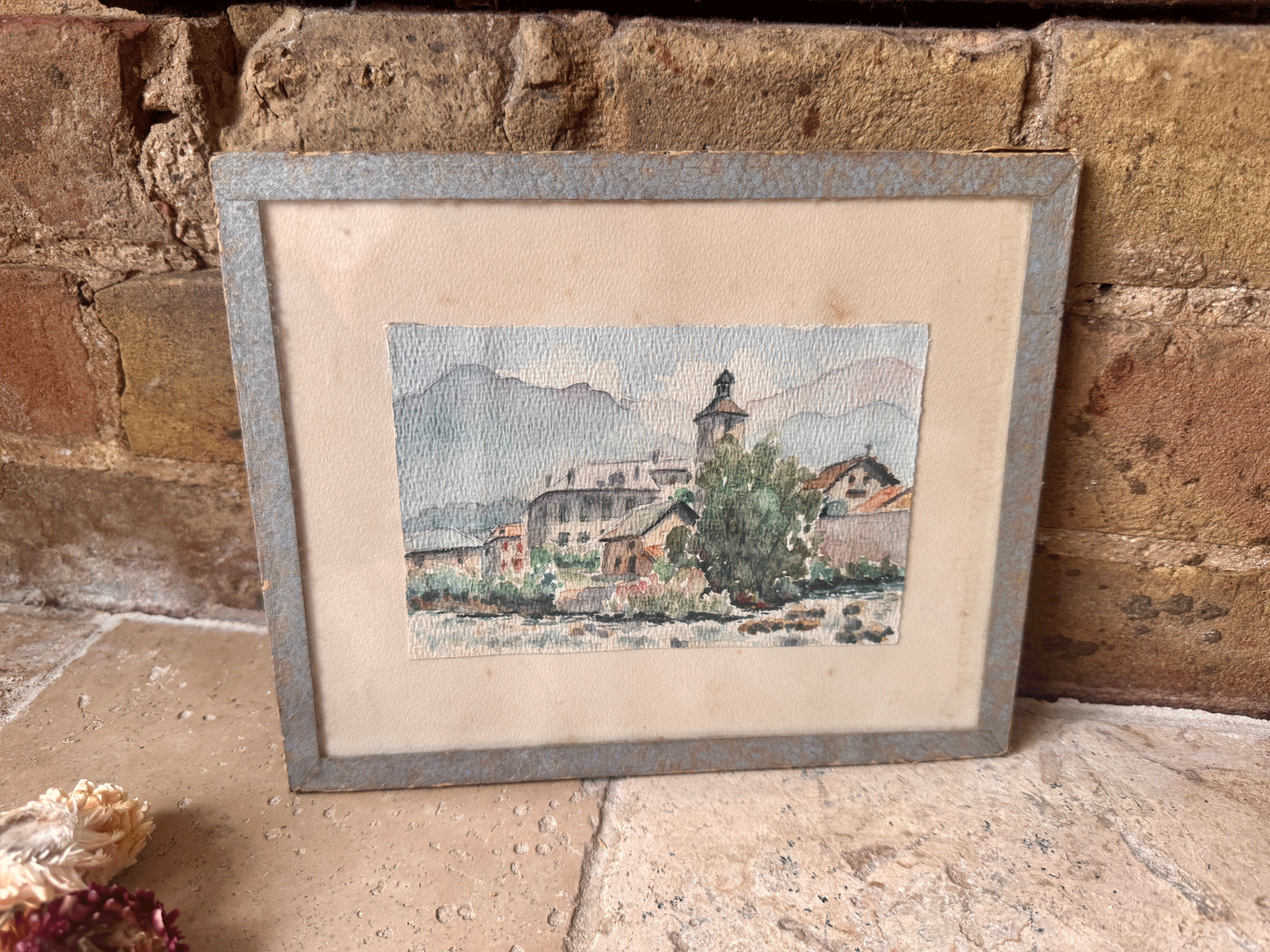 antique french framed watercolour painting country town village church scene mountains hills