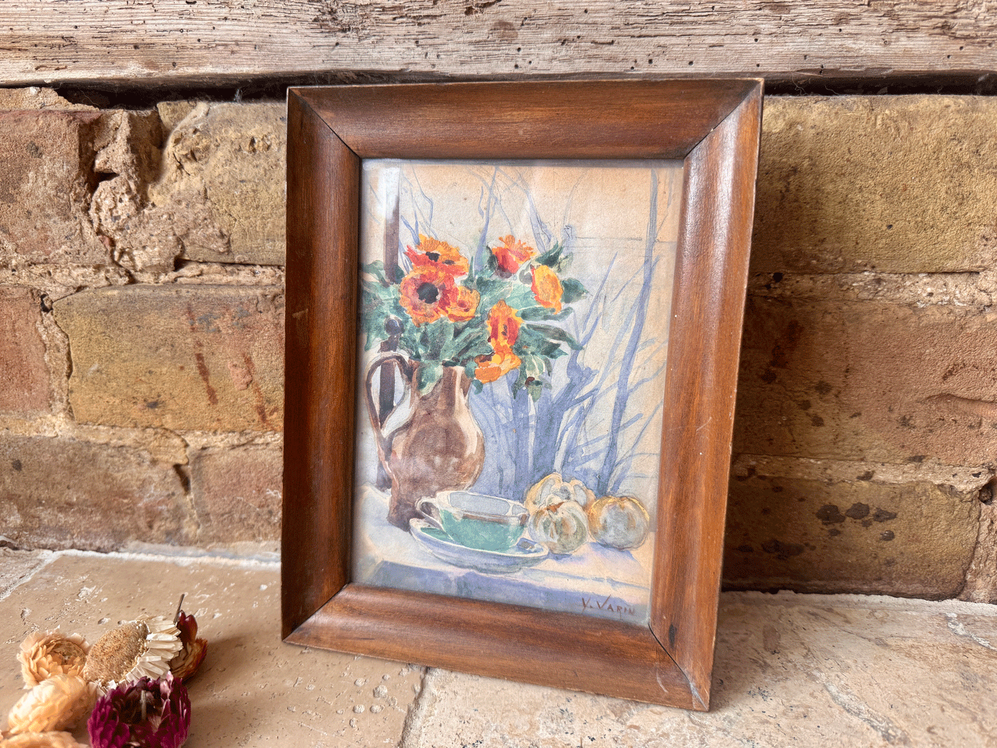 antique french framed watercolour painting florals tablescape fruit still life signed y varin