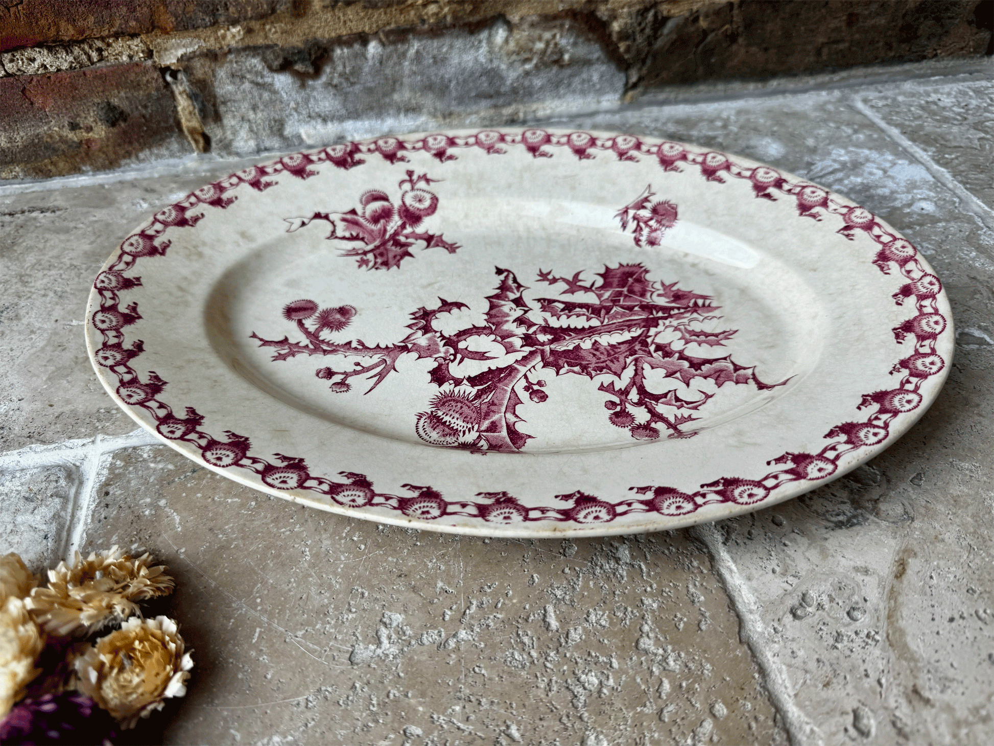 antique 19th century gien chardons pink transferware terre de fer ironstone platter plate