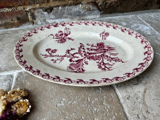antique 19th century gien chardons pink transferware terre de fer ironstone platter plate