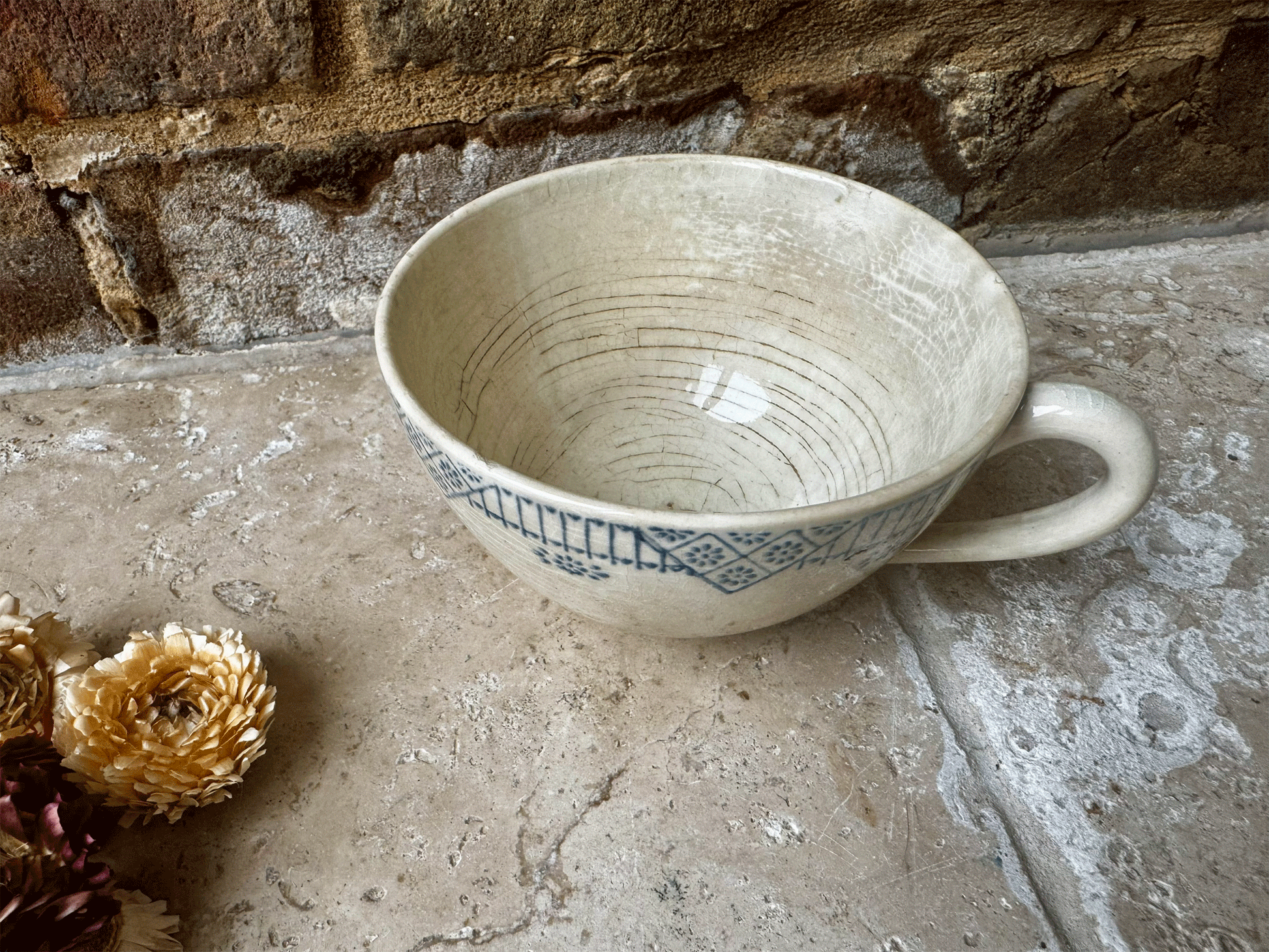 antique french rustic buttery crazed aged blue transferware coffee cup cafe au lait gien terre de fer ironstone