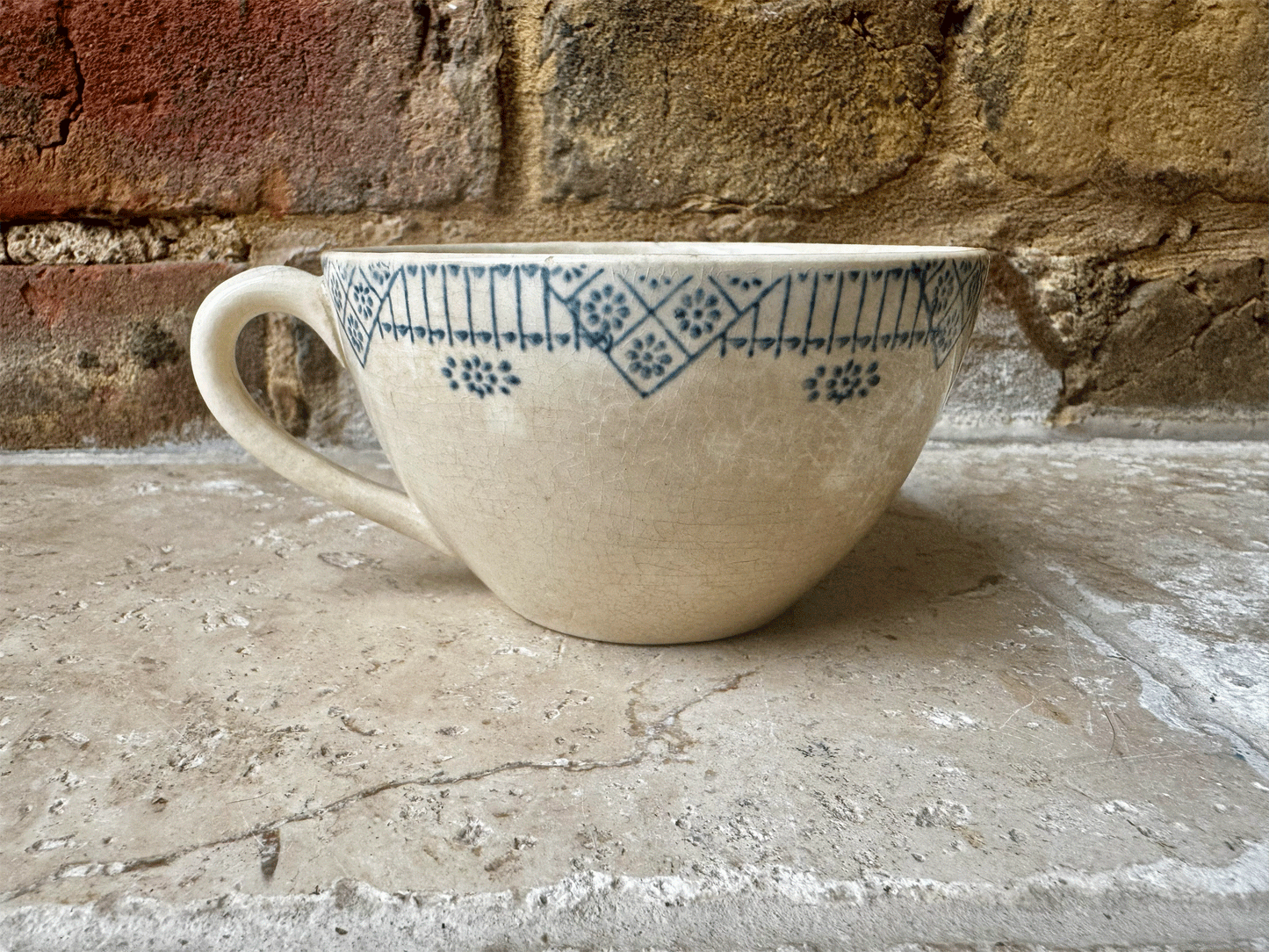 antique french rustic buttery crazed aged blue transferware coffee cup cafe au lait gien terre de fer ironstone