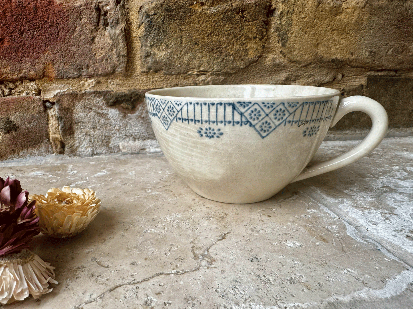 antique french rustic buttery crazed aged blue transferware coffee cup cafe au lait gien terre de fer ironstone