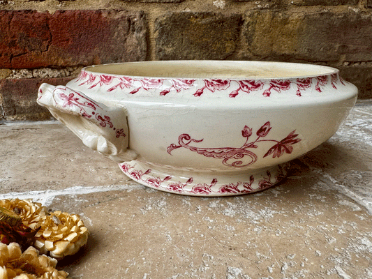antique gien terre de fer ironstone passiflore pink transferware soupiere soup tureen bowl
