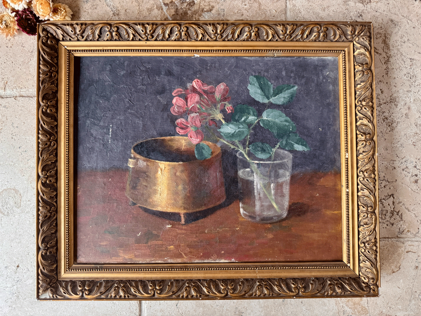 antique french gilt framed oil canvas signed still life opper pot floral cutting glass kitchen art