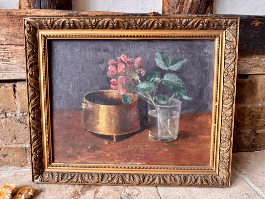antique french gilt framed oil canvas signed still life opper pot floral cutting glass kitchen art