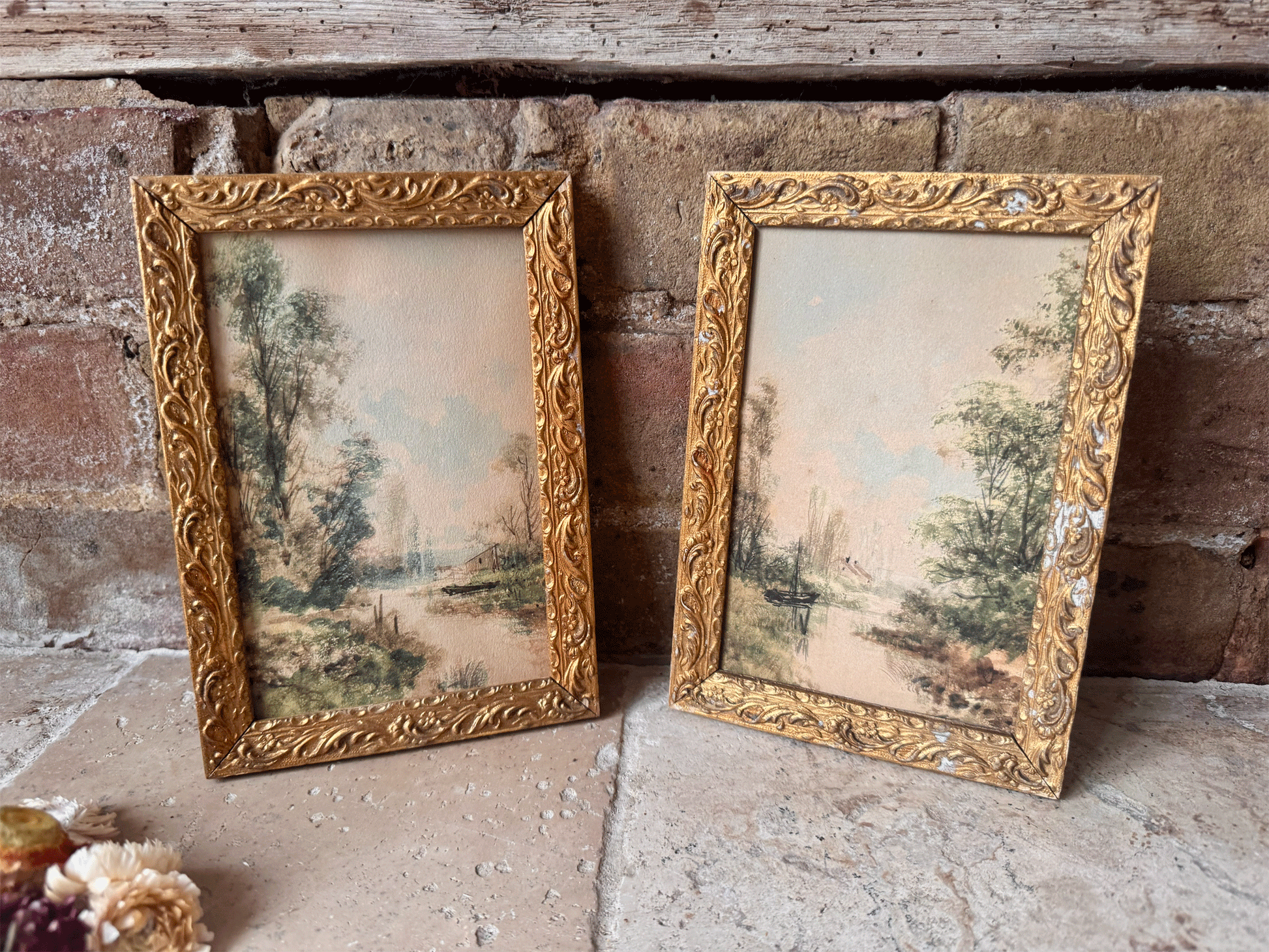 antique french small landscape riverside watercolour painting gilt framed