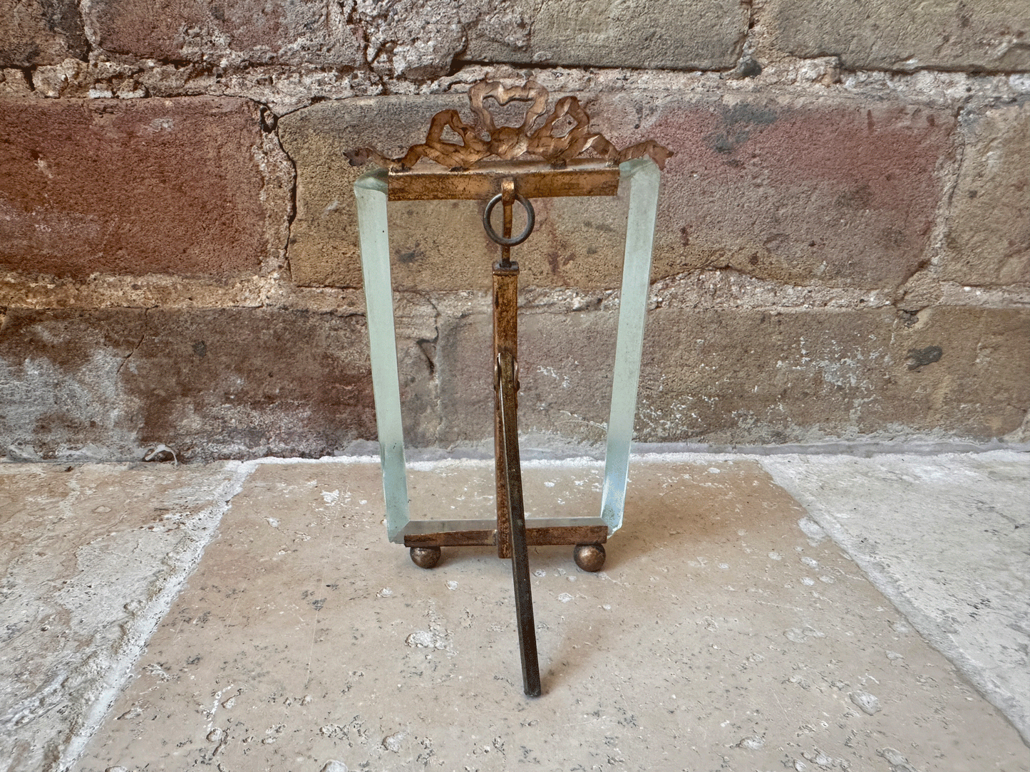 antique french ormolu glass photo picture frame ribbon bow swag banner easel back