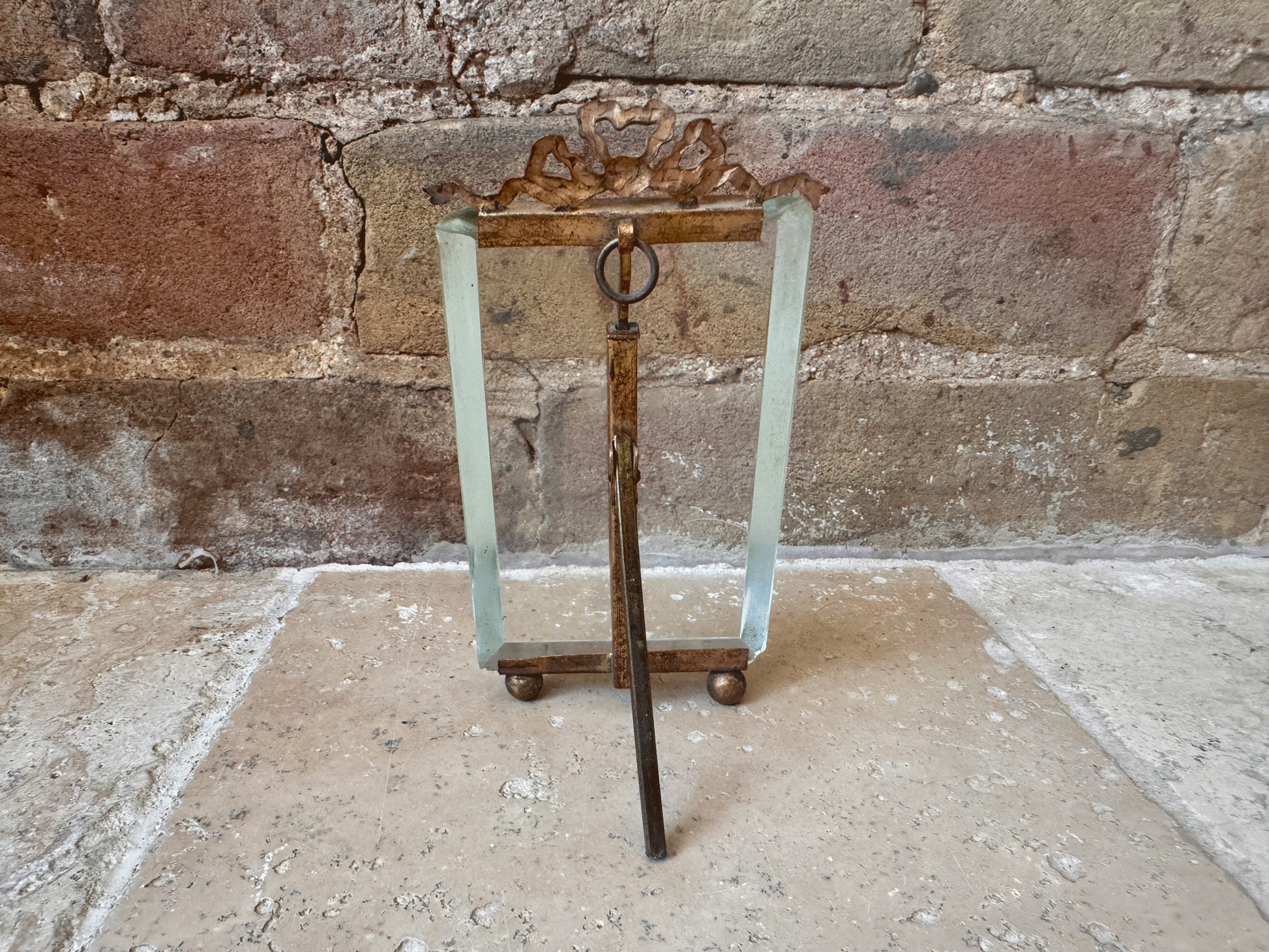 antique french ormolu glass photo picture frame ribbon bow swag banner easel back