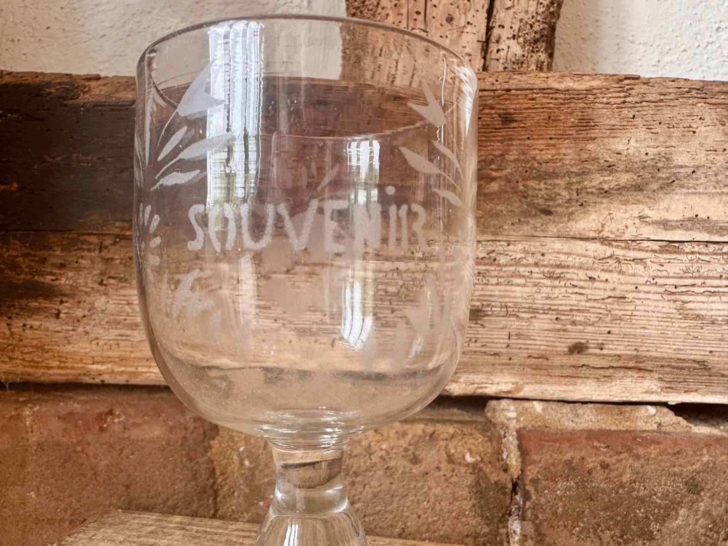 antique french etched souvenir glass rummer etched floral decoration