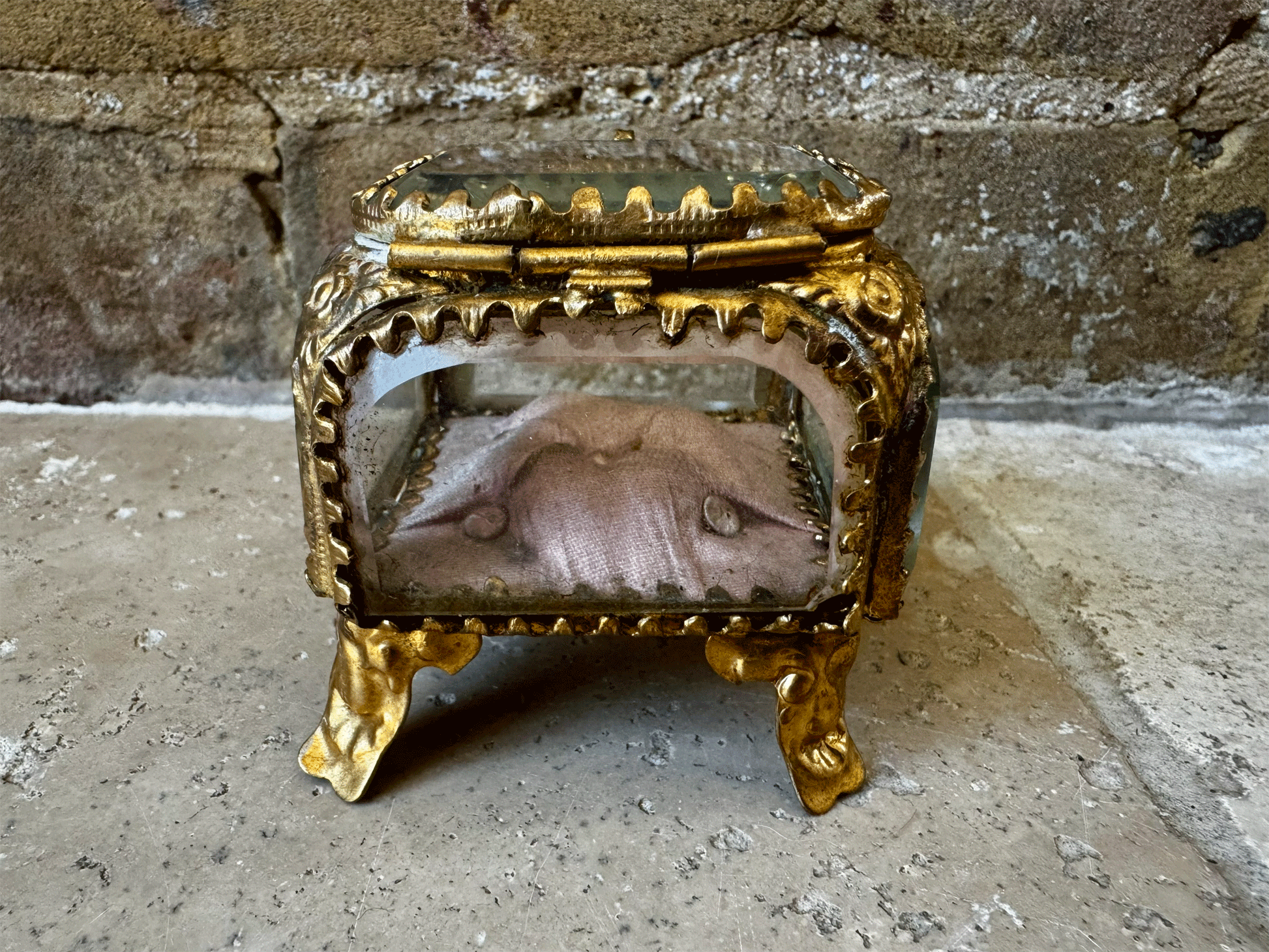 antique french 19th century ormolu bevelled glass punk cushion jewel trinket jewellery casket box