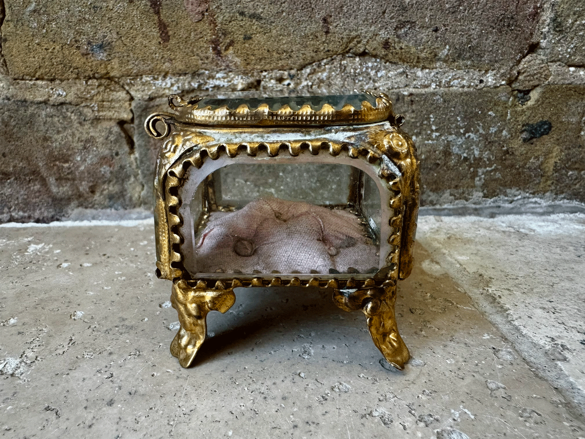 antique french 19th century ormolu bevelled glass punk cushion jewel trinket jewellery casket box