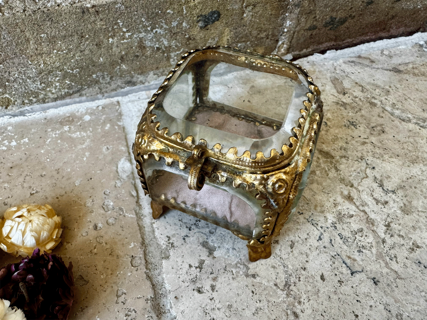 antique french 19th century ormolu bevelled glass punk cushion jewel trinket jewellery casket box