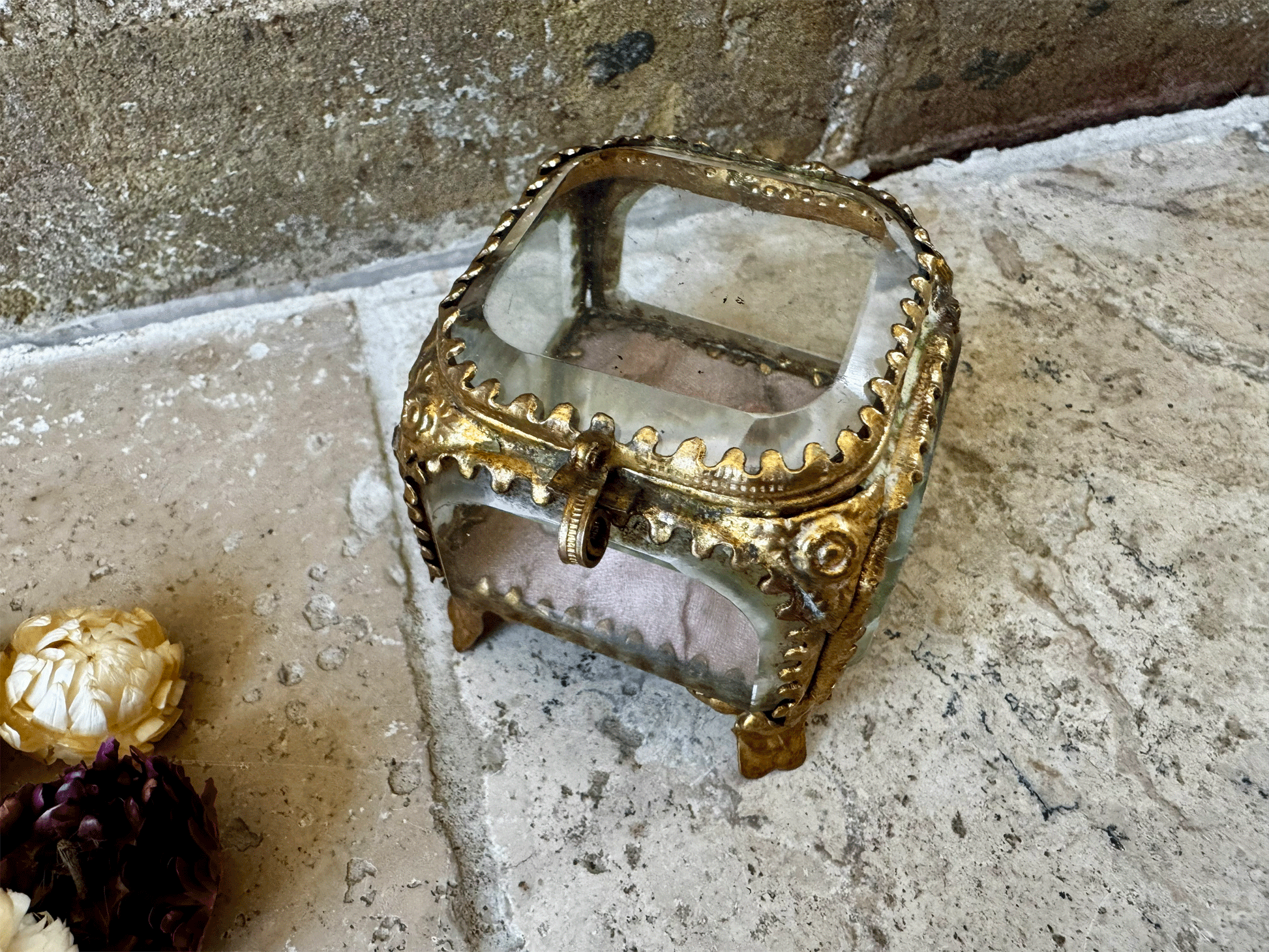 antique french 19th century ormolu bevelled glass punk cushion jewel trinket jewellery casket box