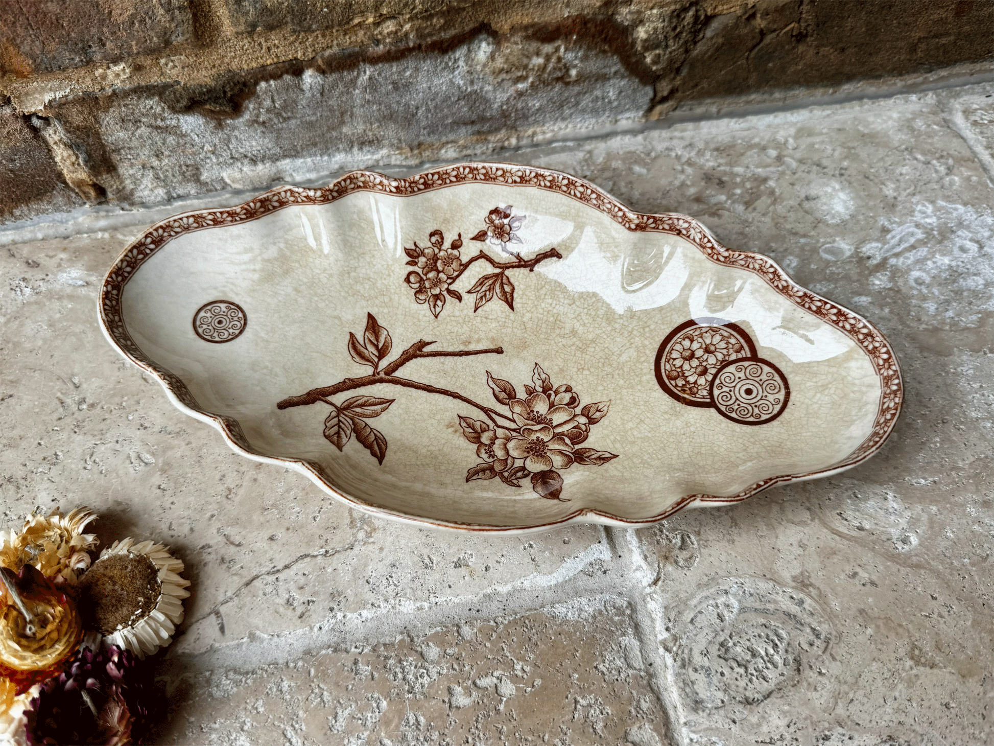 antique french emile bourgeois ravier oval plate dish sepia transferware marguerite grand depot buttery crazing