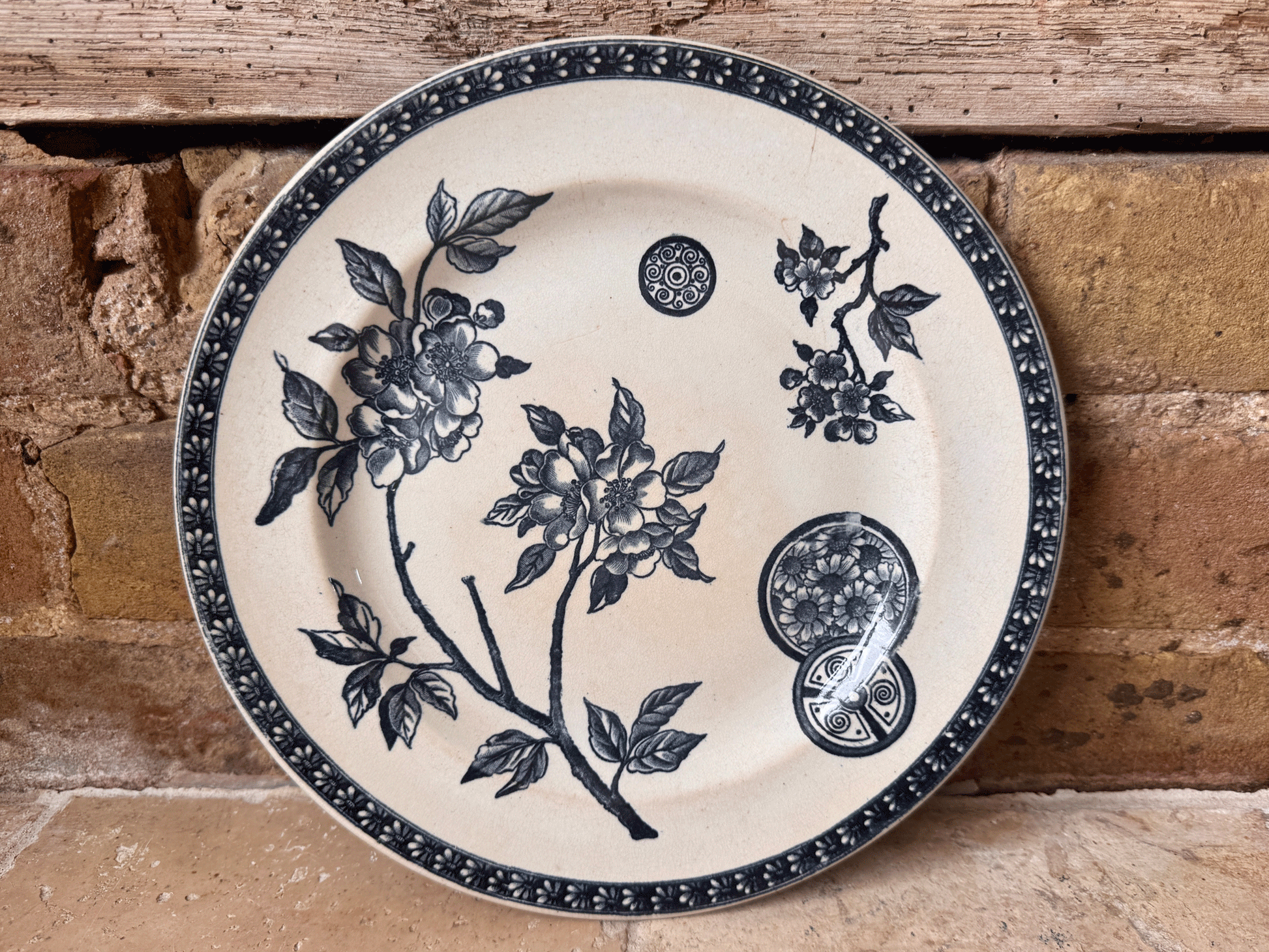 antique french dark blue transferware ironstone terre de fer pate grand depot marguerite
