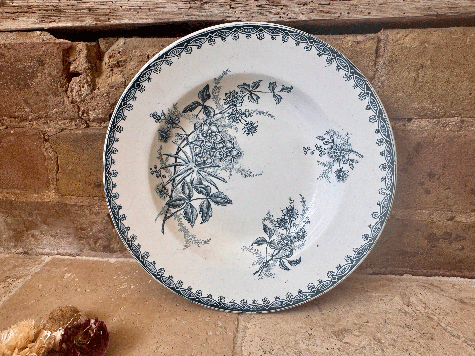 antique french teal blue green transferware soup bowl terre de fer ironstone st amandoise margot