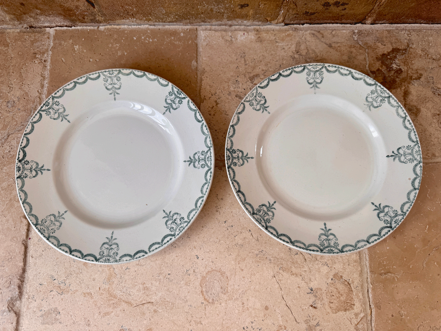 antique french green transferware ironstone terre de fer plate assiette moulin des loups hamage