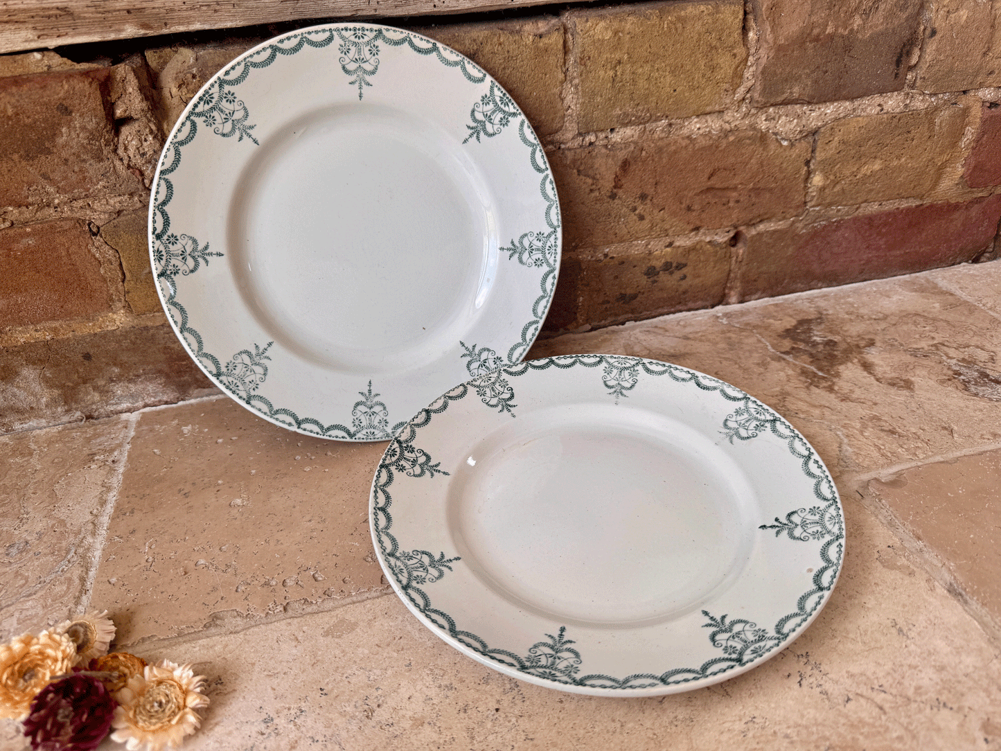 antique french green transferware ironstone terre de fer plate assiette moulin des loups hamage