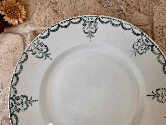 antique french green transferware ironstone terre de fer plate assiette moulin des loups hamage