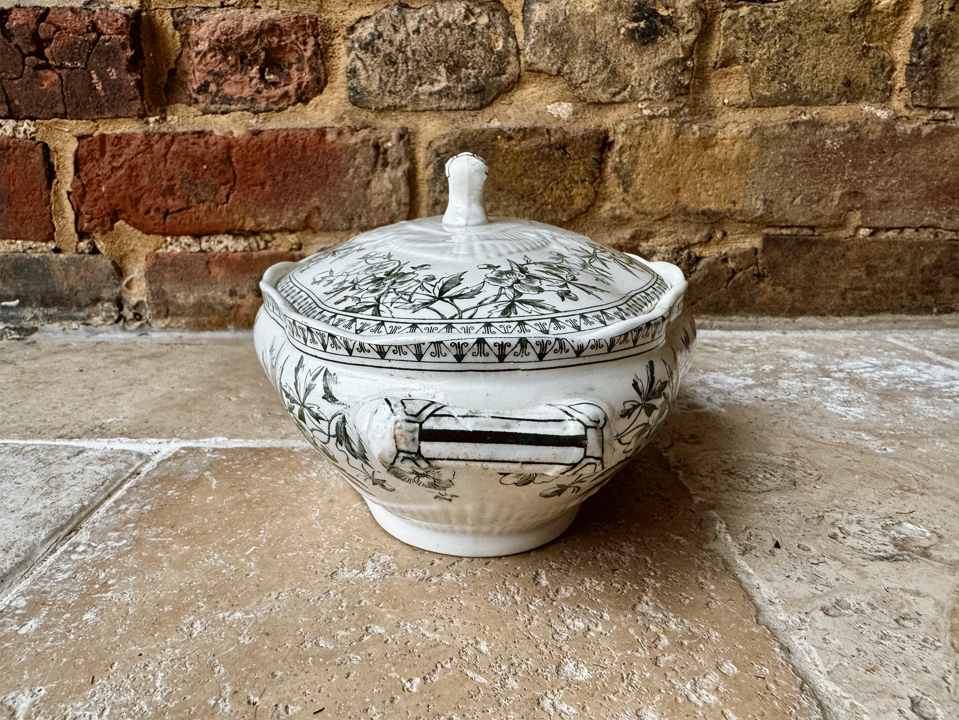 antique vintage french green transferware ironstone serving dish soup tureen