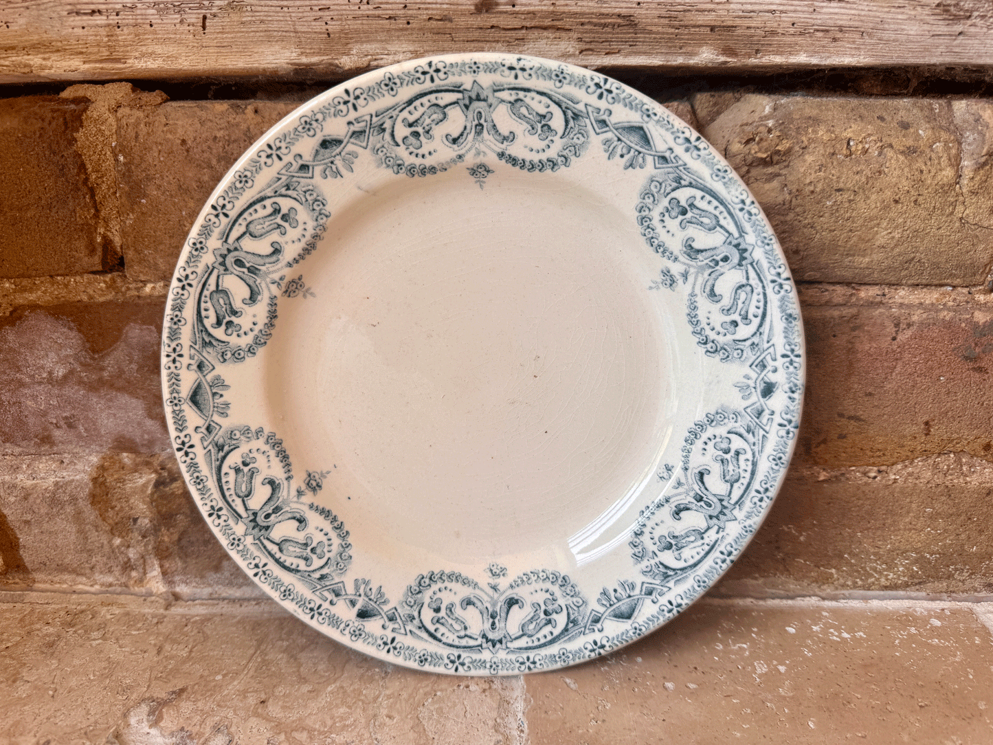 antique french teal transferware terre de fer ironstone plate caiffa guirlande