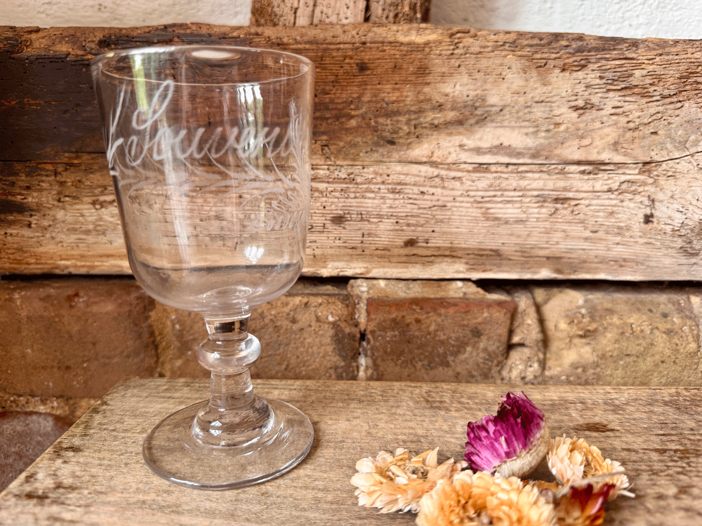 Decorative Antique French Etched 'Souvenir' Glass