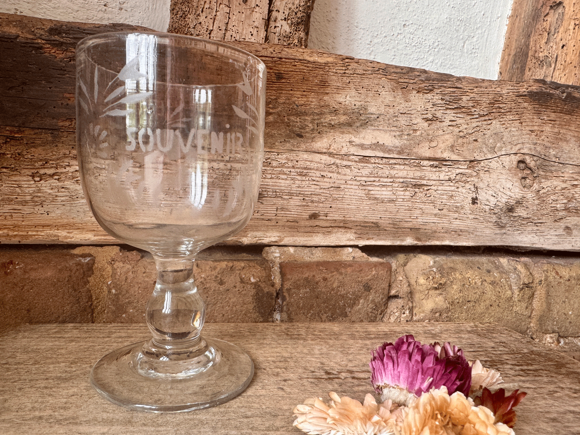 antique french etched souvenir glass rummer etched floral decoration