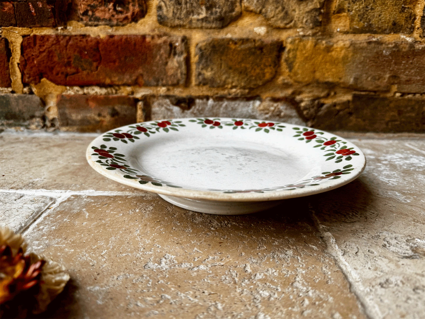 antique french christmas themed holly berries raised footed compote dish compotier hand painted white ironstone